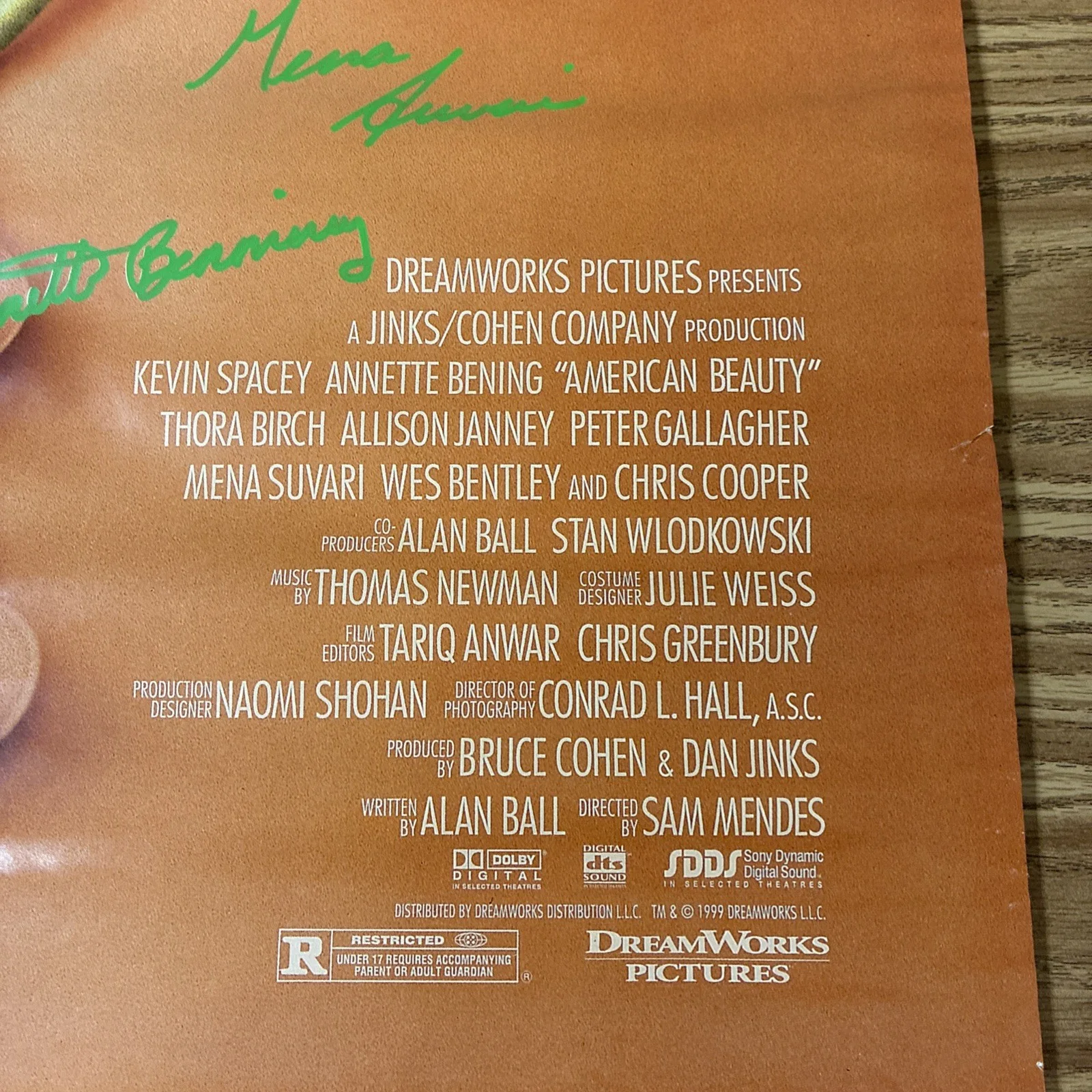 Signed Autograph AMERICAN BEAUTY 1999 Poster Benning/Spacey/Birch/Suvari, изображение 4