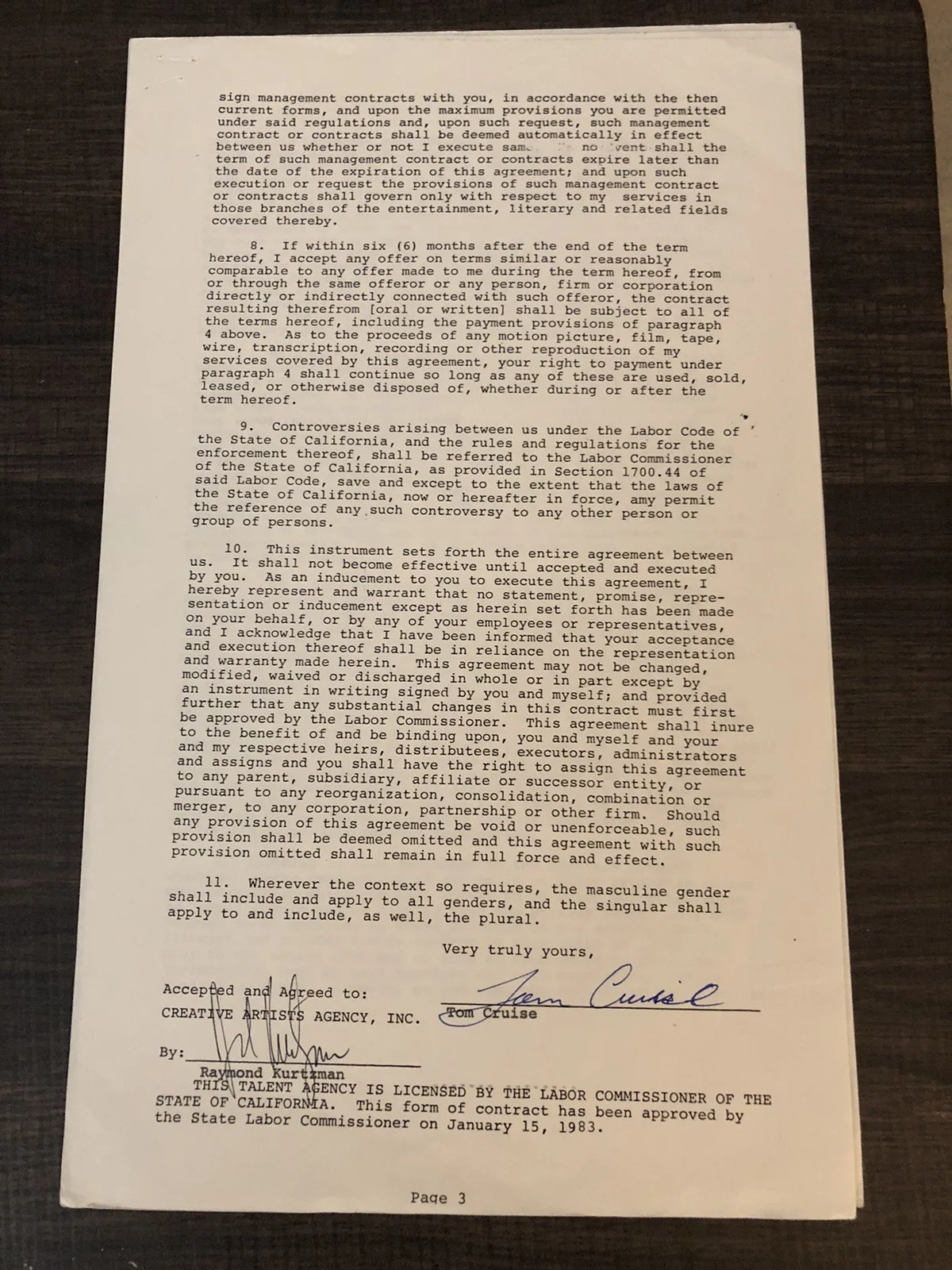 Tom Cruise Signed 3 Page 1983 Acting Contract(PSA), image 3