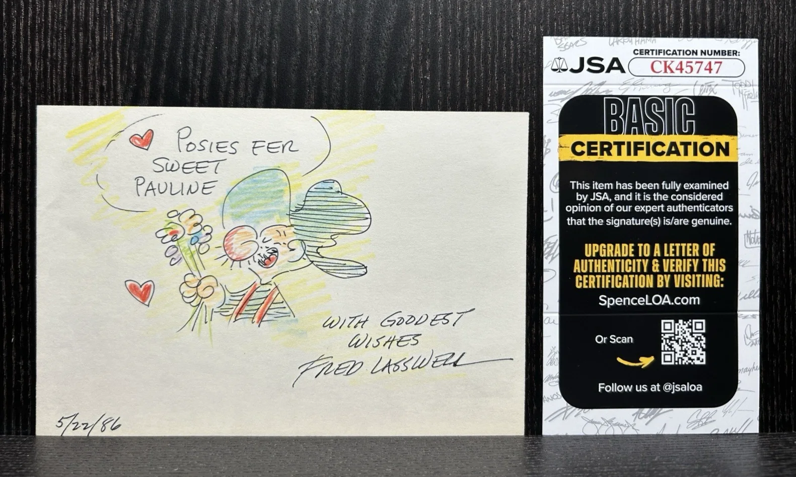 Fred Lasswell — FRED LASSWELL HAND SIGNED ORIGINAL COLOR ART Autograph JSA COA Cartoonist SNUFFY, image 2