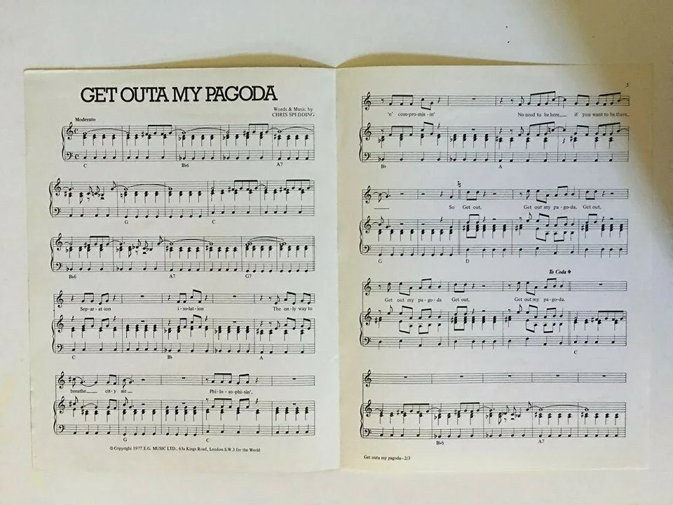 CHRIS SPEDDING Guitar Legend AUTOGRAPH SIGNED Get Outta My Pagoda SHEET MUSIC, изображение 2