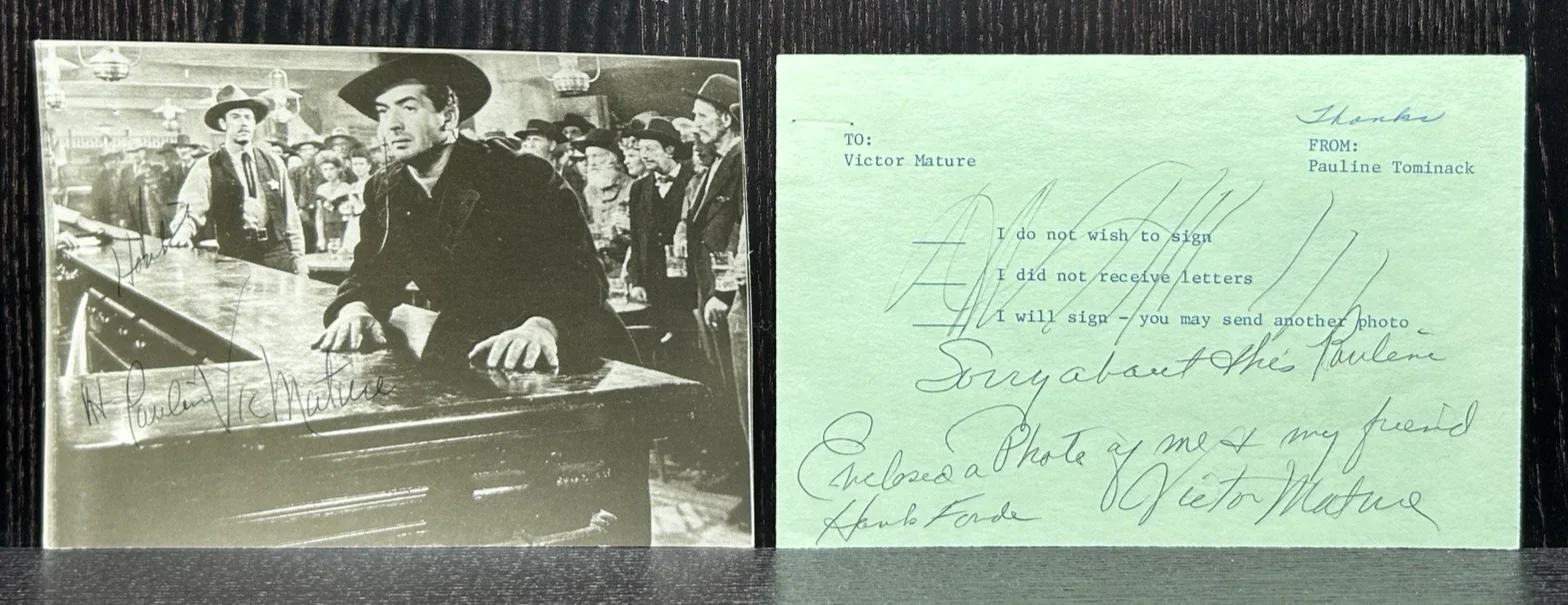 Victor Mature — VICTOR MATURE HAND SIGNED CARDS Original Autograph JSA COA My Darling Clementine