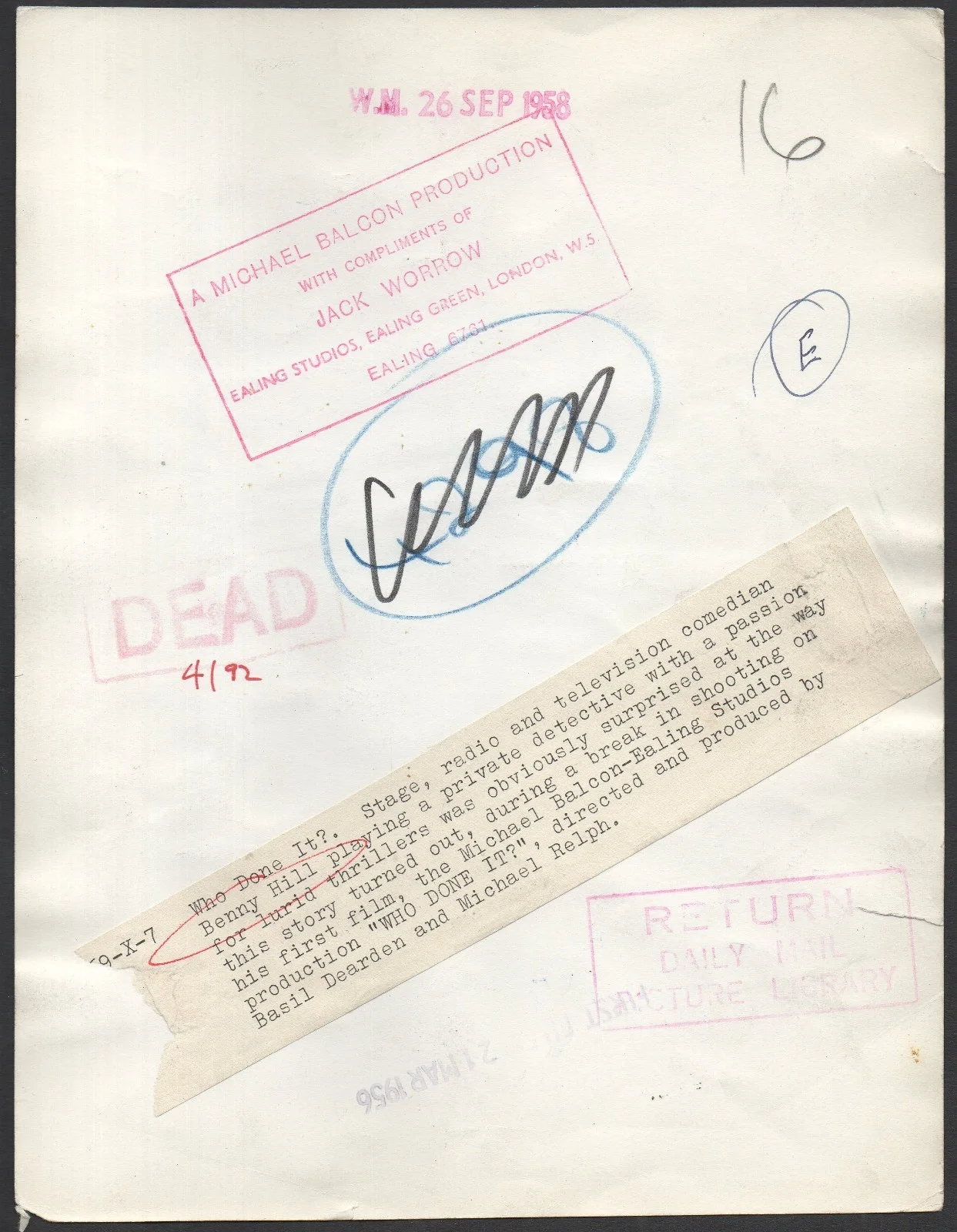 WHO DONE IT? 1956 Benny Hill Black Mask EALING STUDIOS PORTRAIT #X-7, image 2