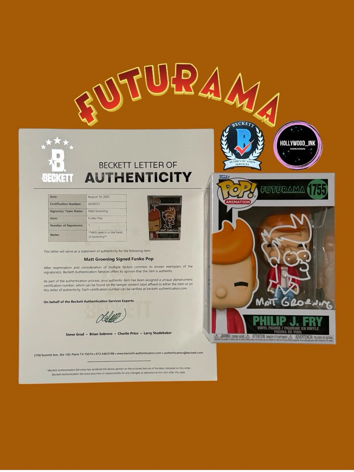 Matt Groening — RARE MATT GROENING SIGNED FRY FUTURAMA FUNKO AUTOGRAPH+SKETCH BECKETT LOA+PROOF, изображение 2