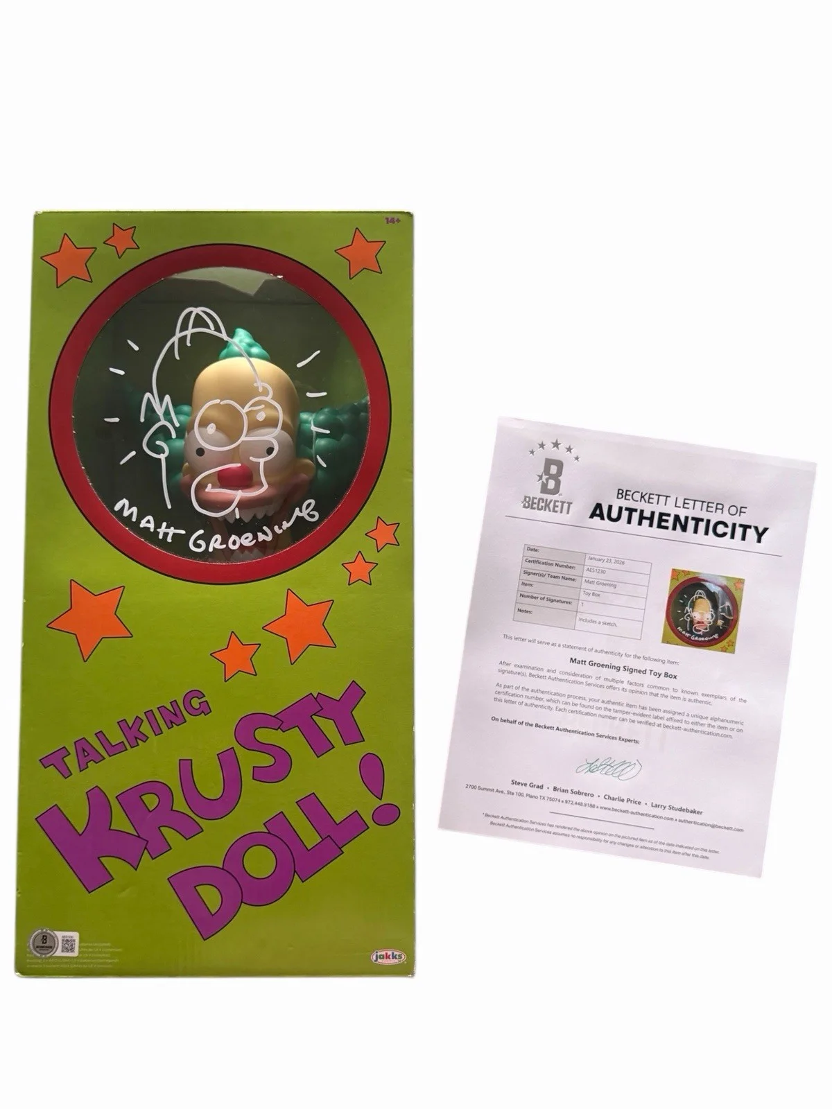 Matt Groening — MATT GROENING SIGNED TALKING KRUSTY DOLL LARGE HOMER SKETCH BECKETT LOA-AE51230, изображение 3