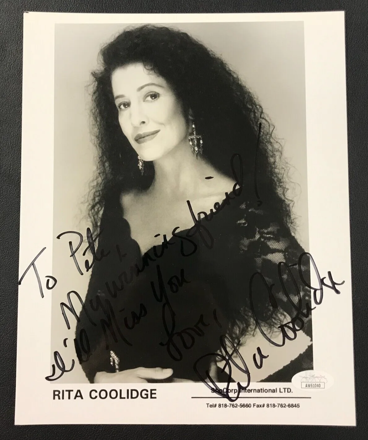 Rita Coolidge — Rita Coolidge Signed 8x10 B&W Photo JSA (Personalized) AUTO Singer R&B/Pop NICE!, изображение 2