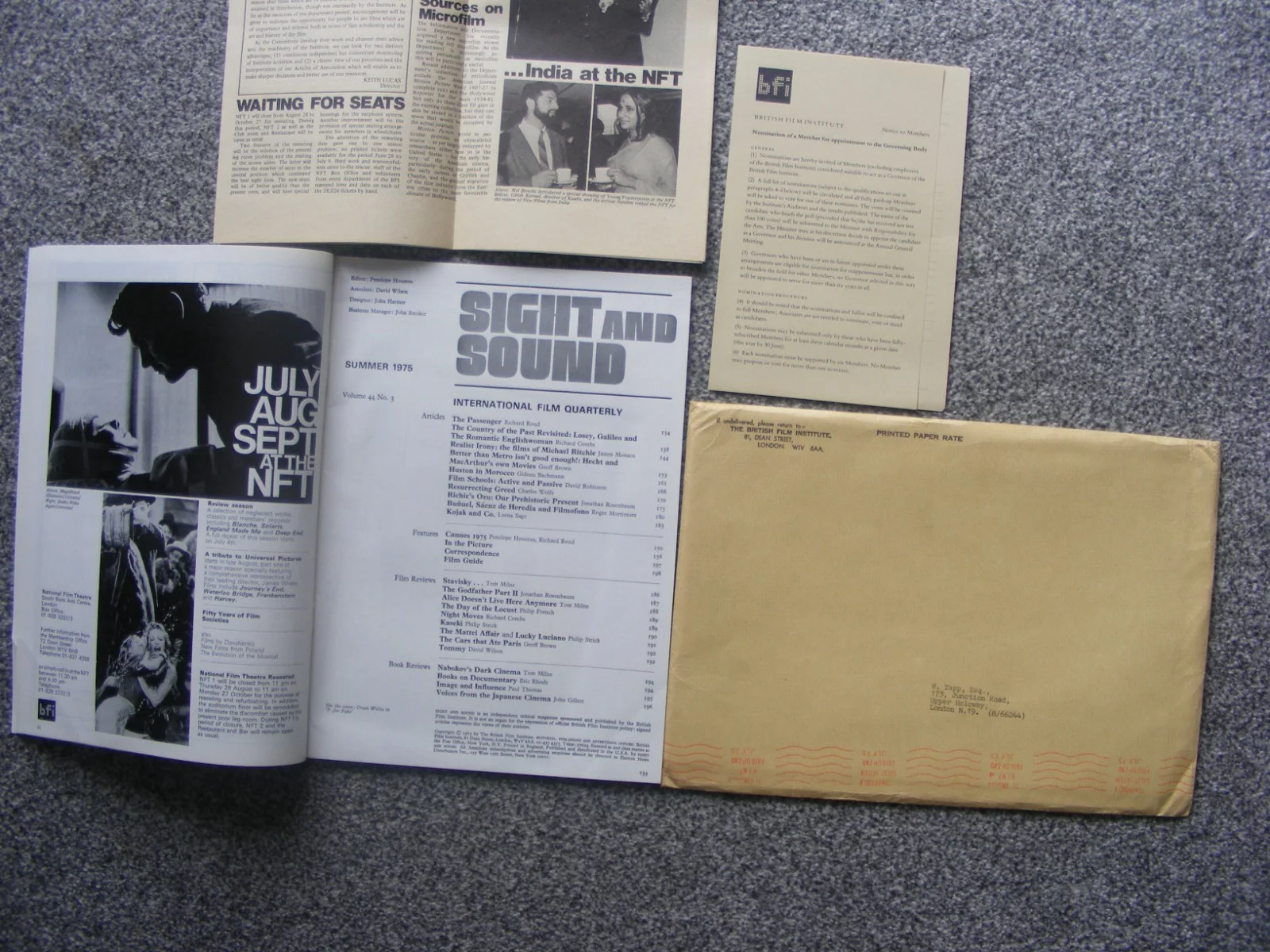 vintage british film institute 1975 sight and sound magazine with letters/envelo, изображение 2