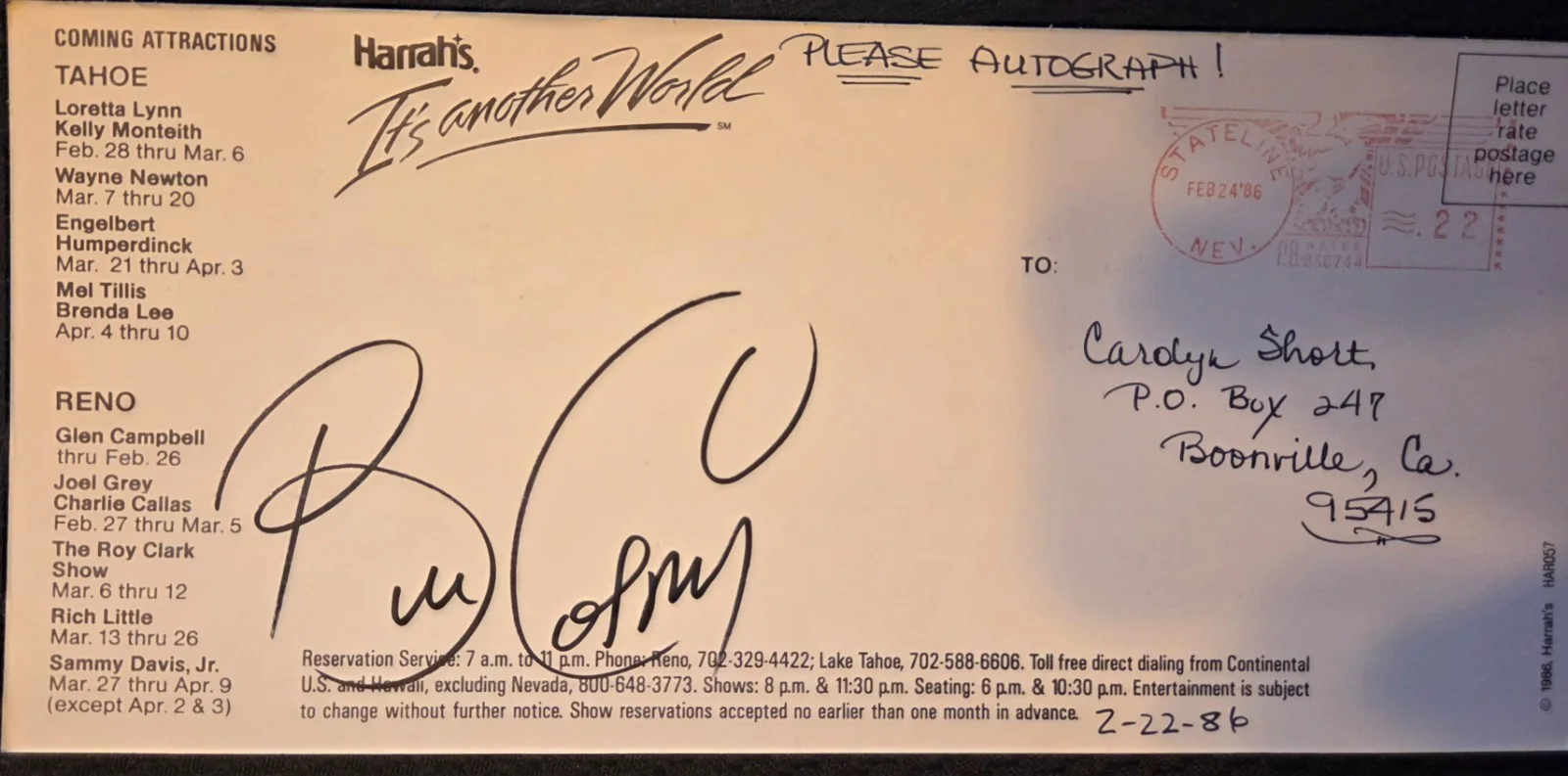 Bill Cosby — Bill Cosby Signed Postcard Harrah's Lake Tahoe 1986 Phyllis Hyman, image 2