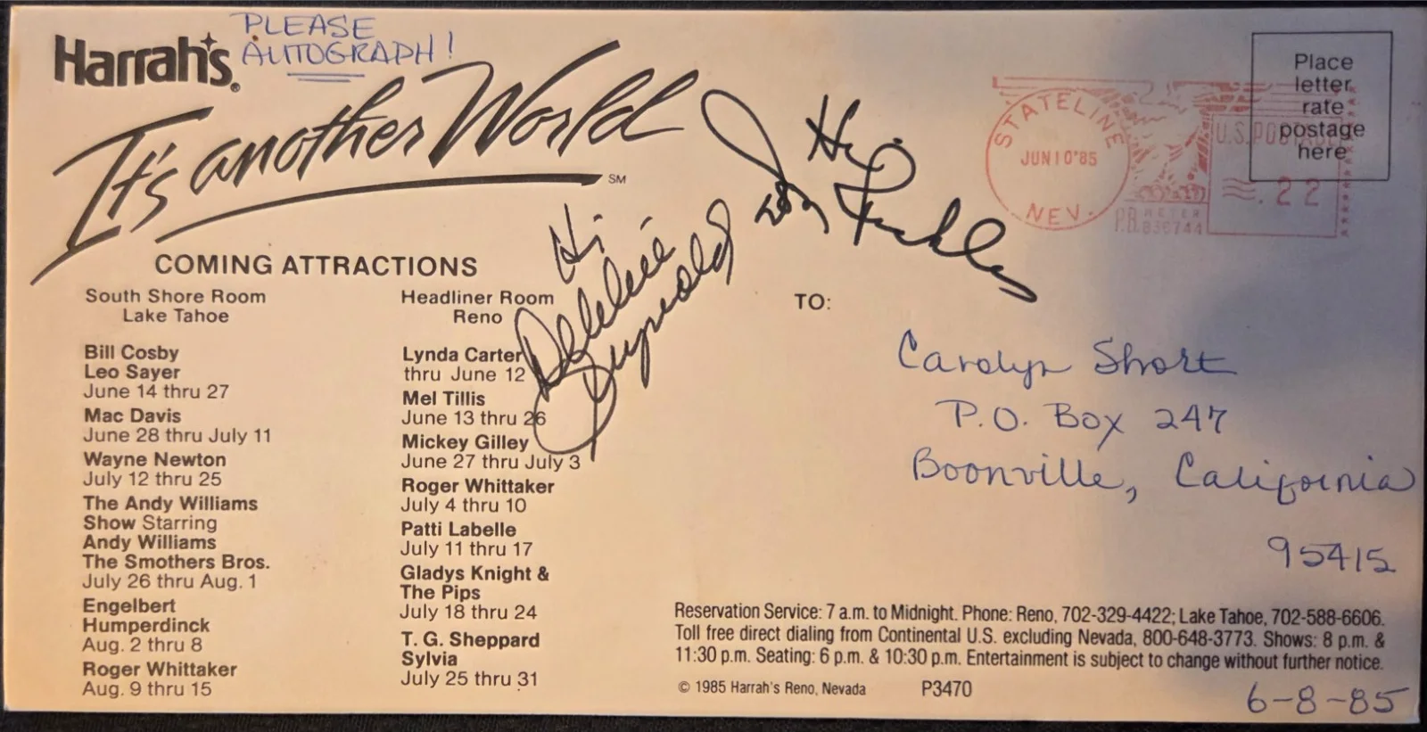 Debbie Reynolds Don Rickles — Debbie Reynolds Don Rickles Harrahs Tahoe Autographed Postcard Both Signed 1987, image 2