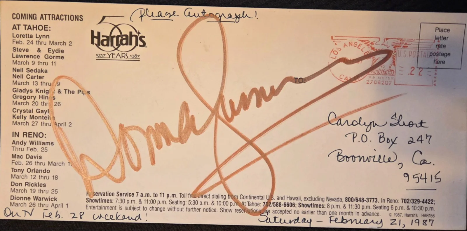 Donna Summer Personally Autographed Harrah's Tahoe Postcard 1987, image 2