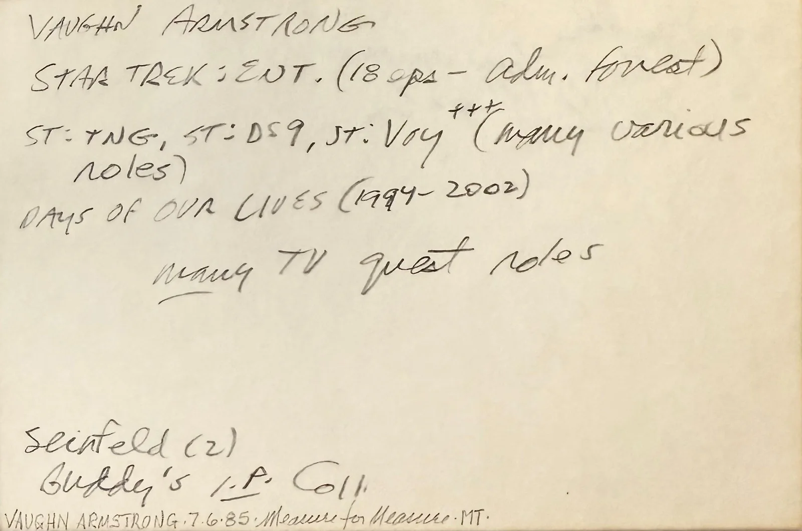 Vaughn Armstrong — VAUGHN ARMSTRONG Signed 4x6 INDEX CARD Admiral Maxwell Forrest STAR TREK ACTOR, изображение 2