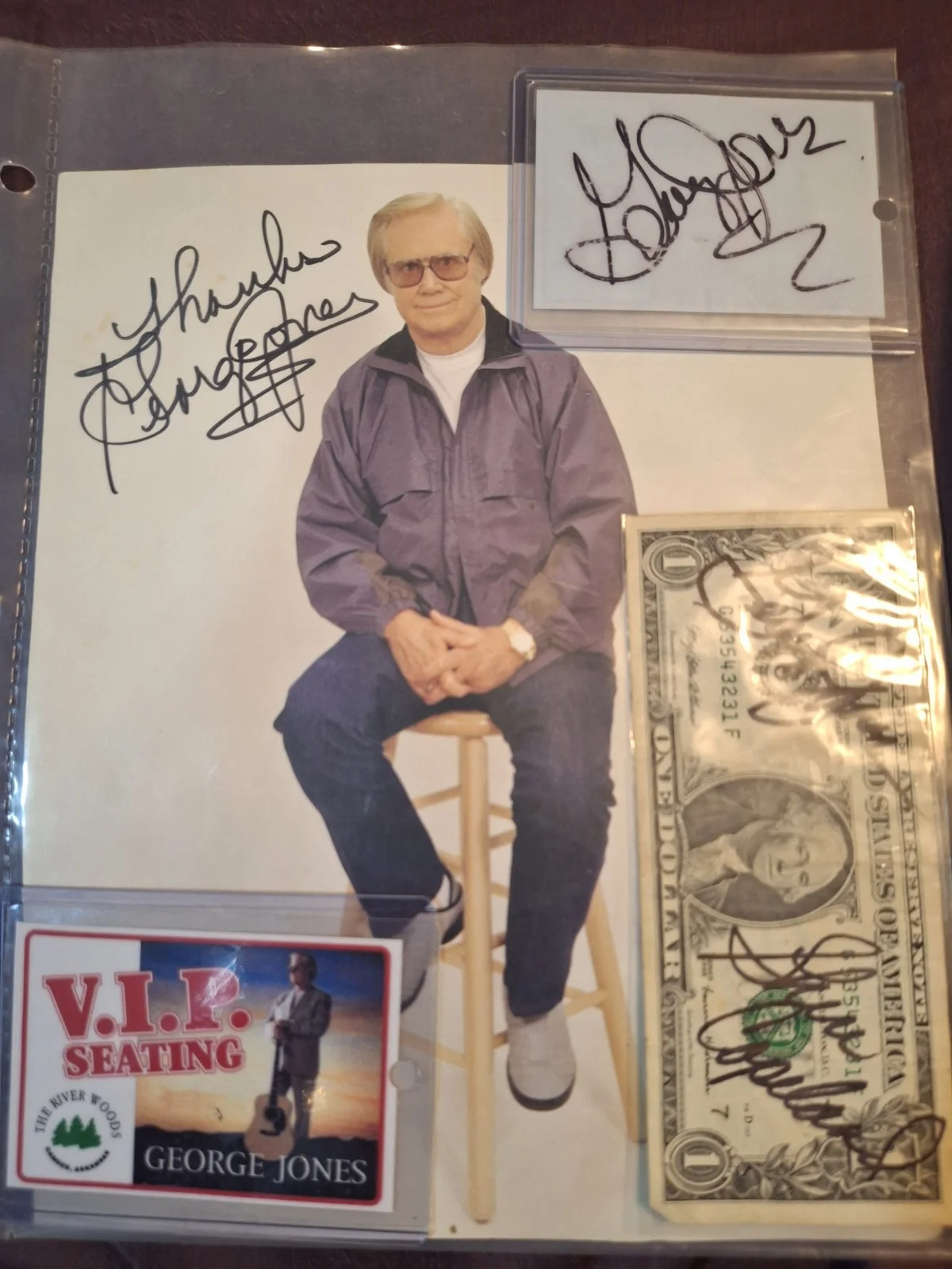 George Jones ORIGINAL signed lot River Woods VIP passes dollar bill, 8X10 Possum, image 2