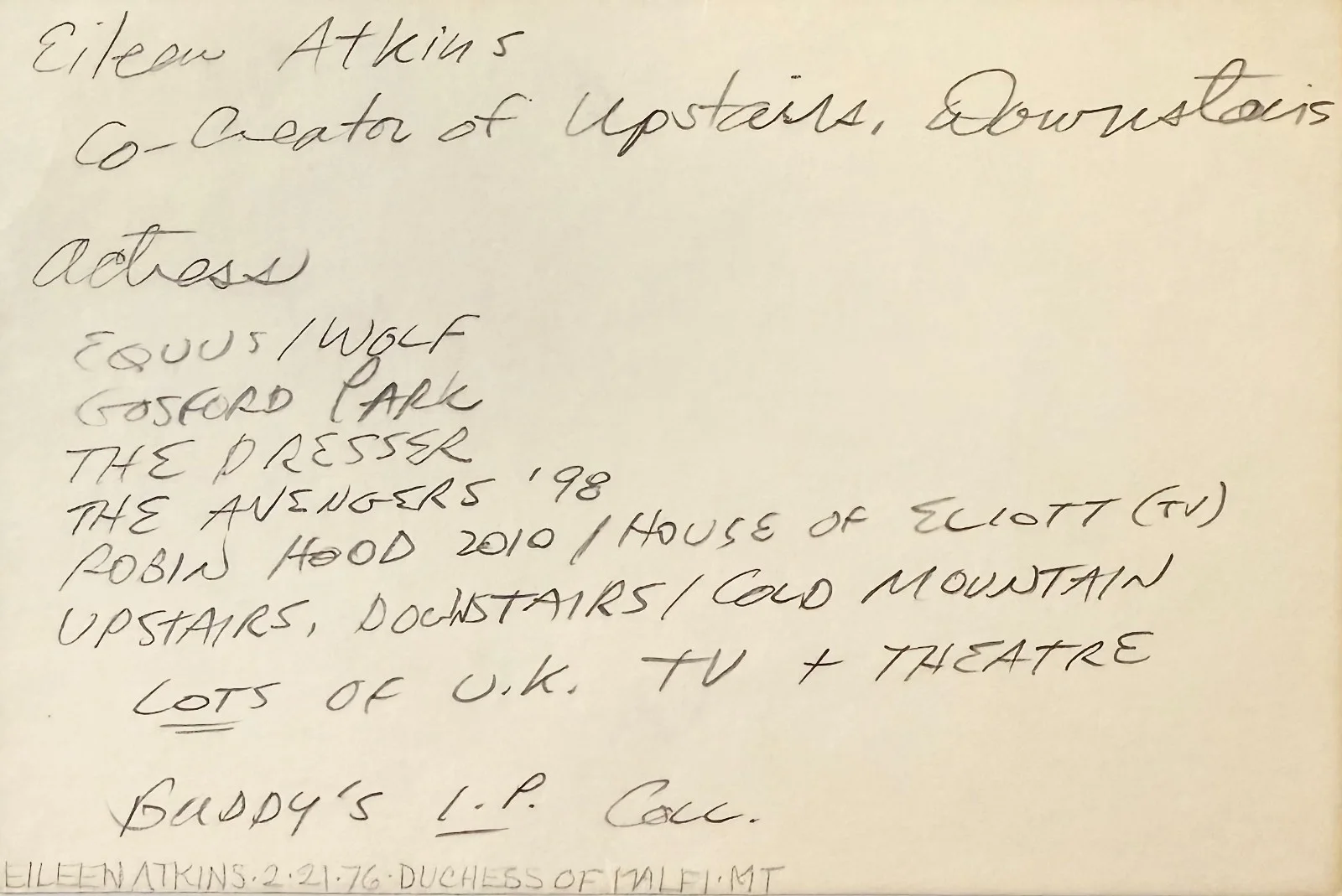 Eileen Atkins — EILEEN ATKINS Autographed Signed 4x6 INDEX CARD The Unexpected Man GOSFORD PARK, image 2