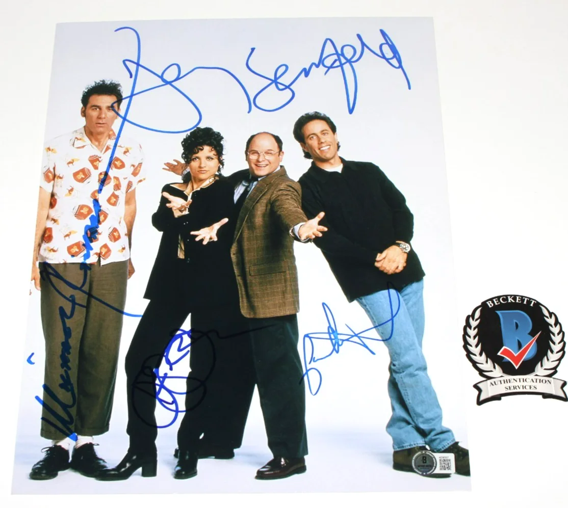 Larry David — SEINFELD CAST SIGNED 11x14 PHOTO x4 JERRY JULIA MICHAEL RICHARDS BECKETT COA