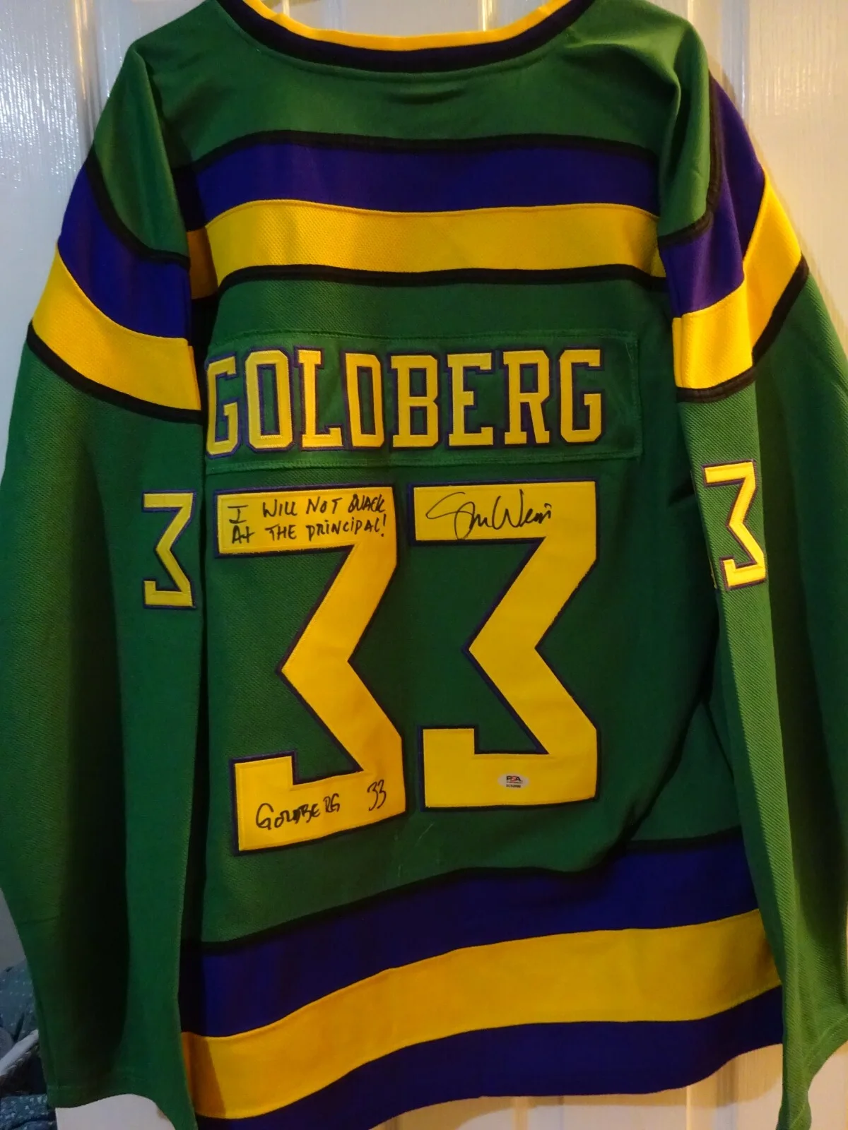 Shaun Weiss — Signed Shaun Weiss Autographed Inscriptions Mighty Ducks Goldberg Jersey PSA COA