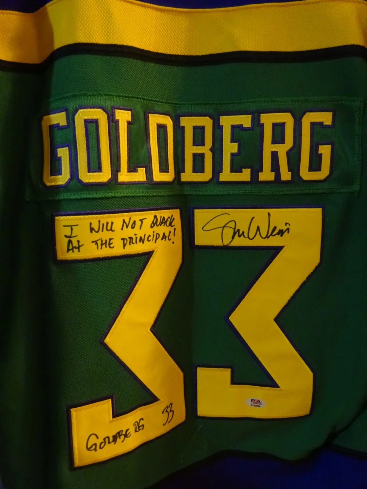 Shaun Weiss — Signed Shaun Weiss Autographed Inscriptions Mighty Ducks Goldberg Jersey PSA COA, image 2