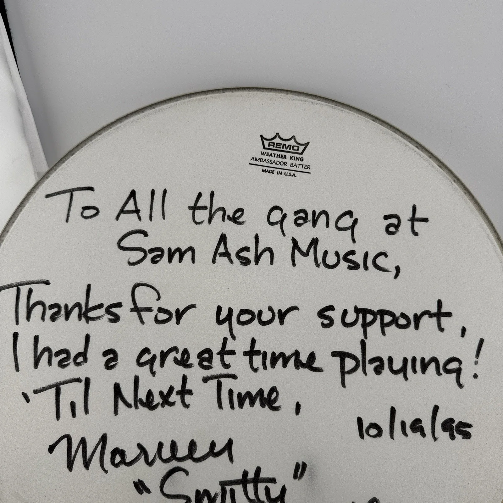 Marvyn “Smitty” Arnette Signed Drumhead – Remo Ambassador – Sam Ash Music 1995, image 5