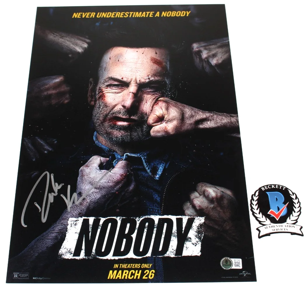 WRITER DEREK KOLSTAD SIGNED 'NOBODY' 12x18 MOVIE POSTER 2 BECKETT BAS COA PROOF, изображение 2