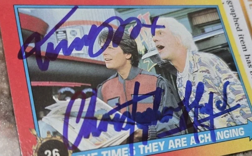 SIGNED Michael J Fox & Christopher Lloyd 89 TOPPS Card Back To The Future 2 COA, image 2