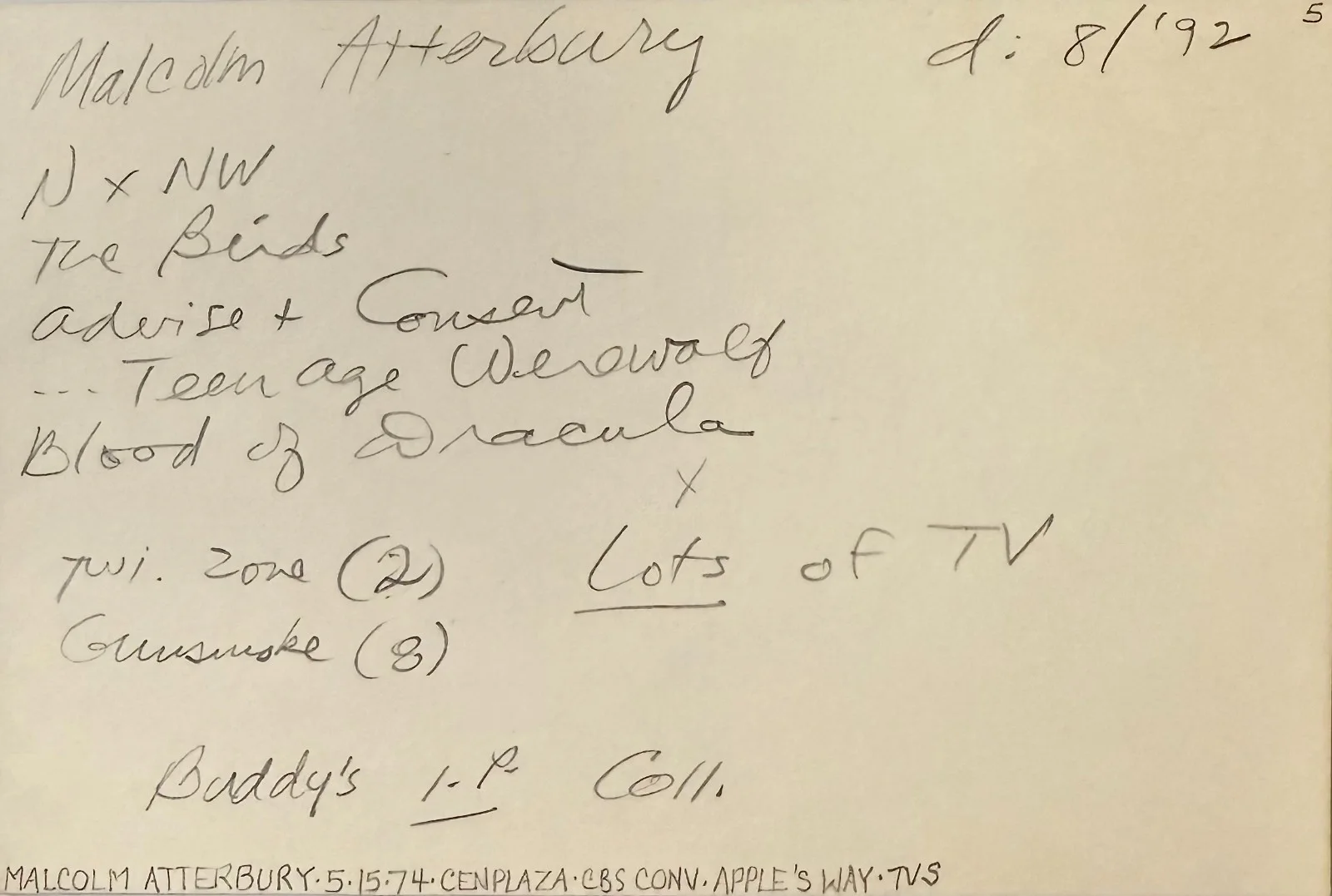 Malcolm Atterbury — MALCOLM ATTERBURY Signed Autographed 4"x 6" INDEX CARD BLOOD of DRACULA DRAGNET, image 2