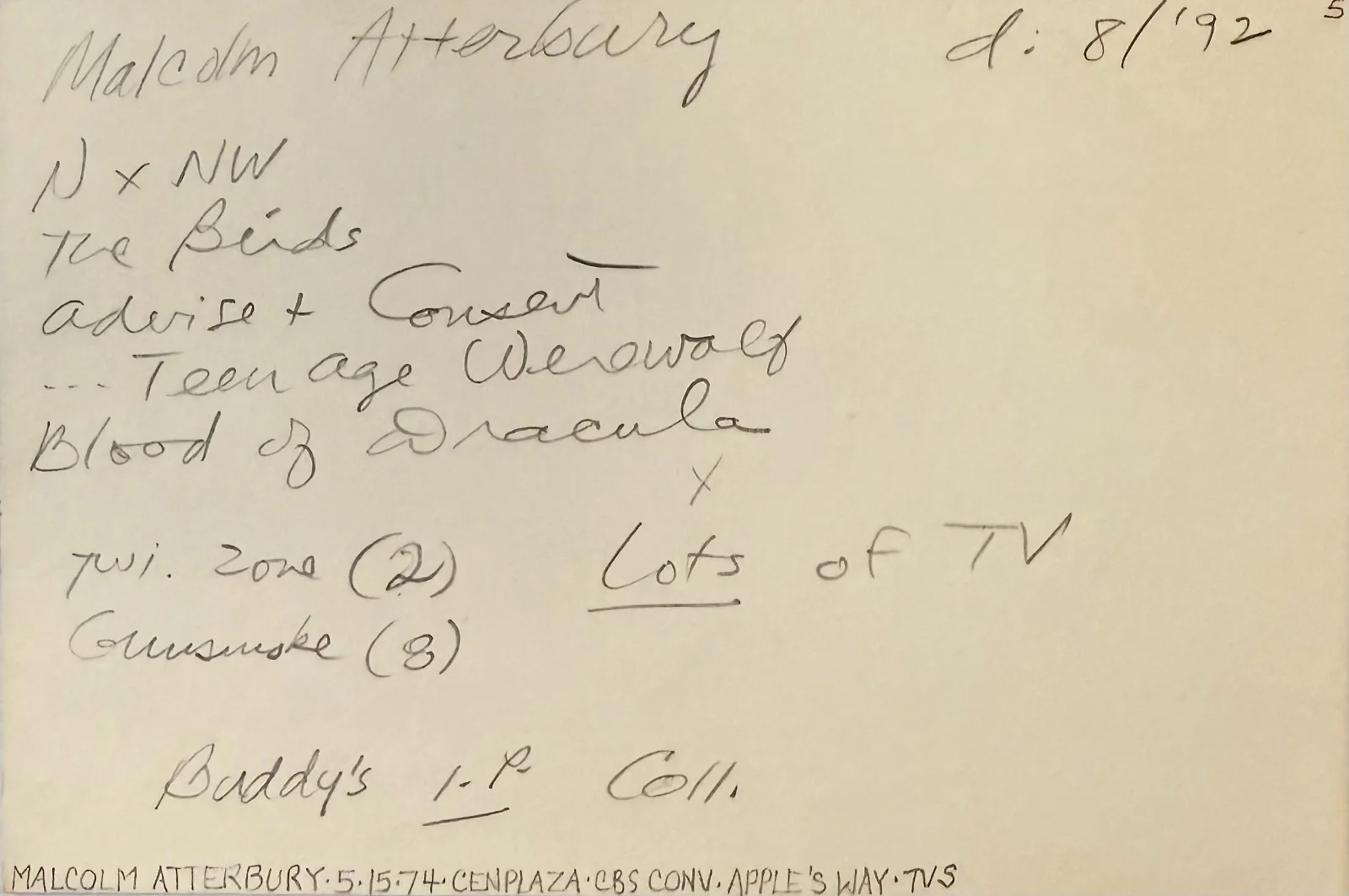 Malcolm Atterbury — MALCOLM ATTERBURY Signed Autographed 4"x 6" INDEX CARD BLOOD of DRACULA DRAGNET, image 4