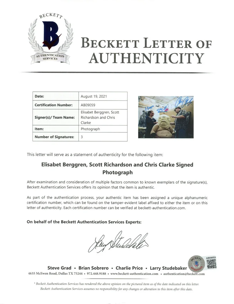 BERGGREN RICHARDSON CLARKE SIGNED 8x10 PHOTO QUIGGOLD STAR WARS RARE BECKETT BAS, image 2