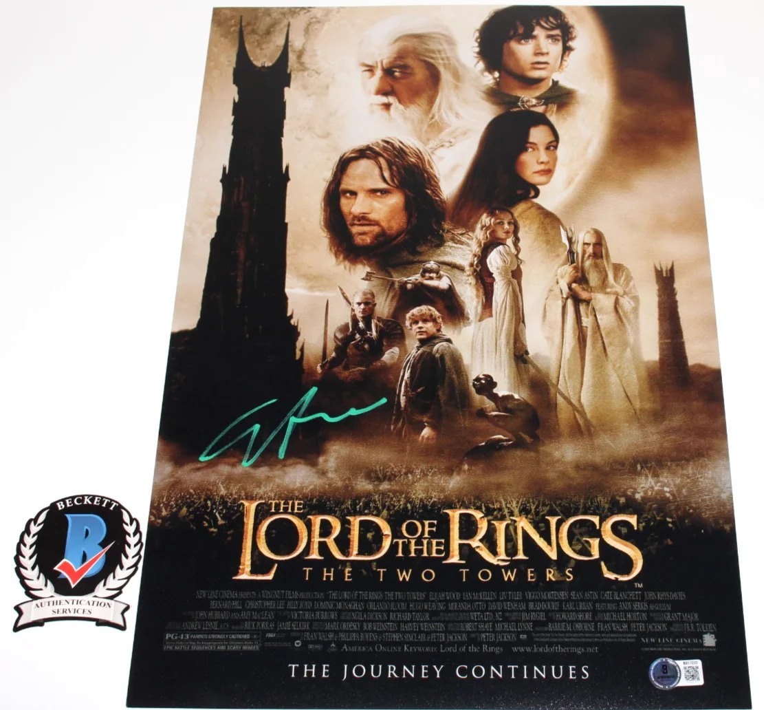 ELIJAH WOOD SIGNED THE LORD OF THE RINGS THE TWO TOWERS MOVIE POSTER BAS COA, изображение 2