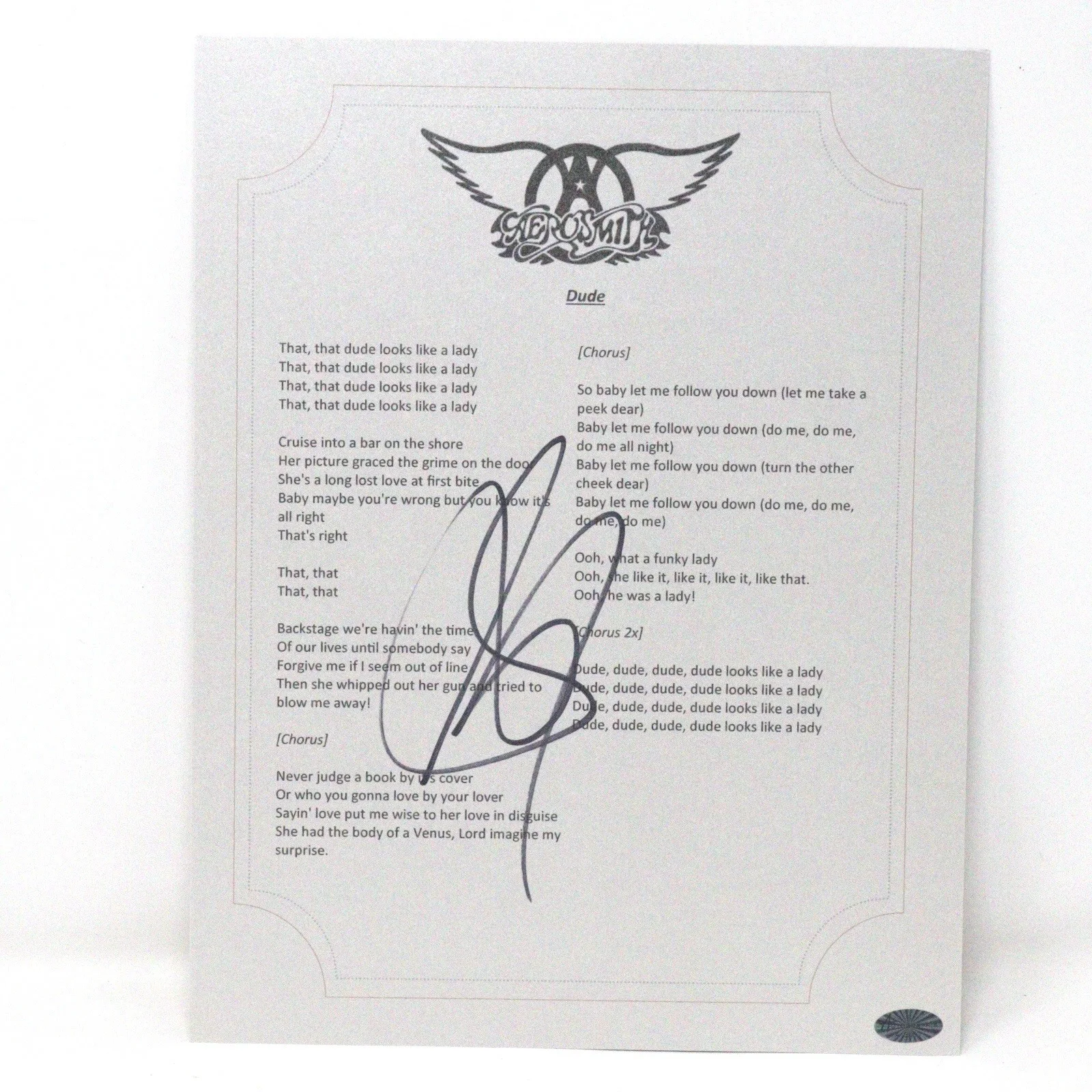 Aerosmith Steven Tyler Signed “Dude Looks Like a Lady” Lyric Sheet COA, image 2