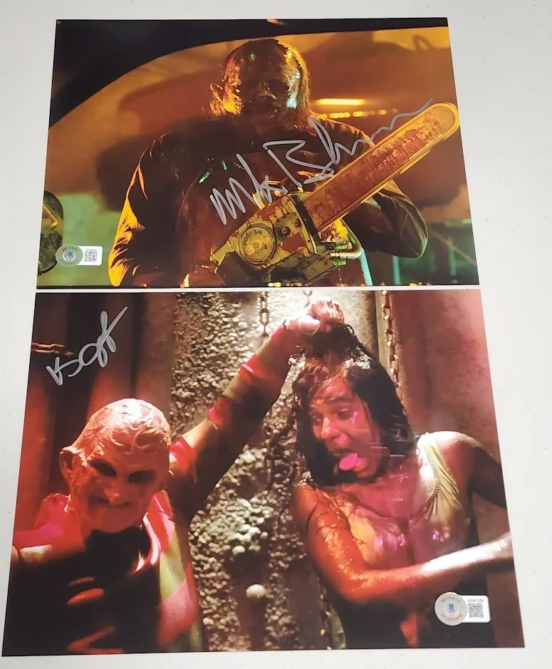 Mark Burnham & Kelly Jo Minter — Lot of 2 Signed 8x10 Horror Photo Mark Burnham Leatherface & Kelly Jo Minter Elm