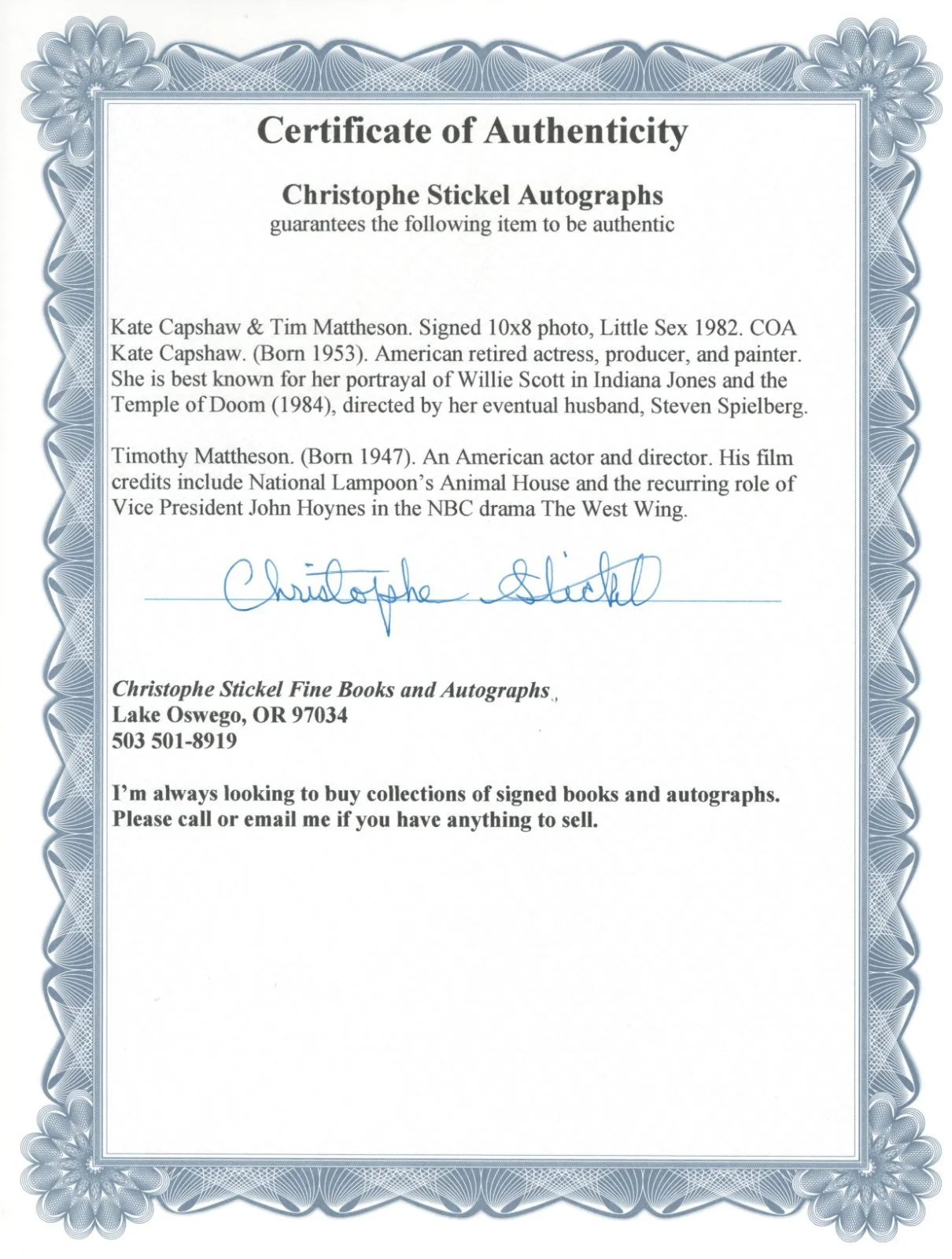 Tim Mattheson, Kate Capshaw — Kate Capshaw & Tim Matheson. Signed 10x8 photo, from 1982. movie Little Sex COA, изображение 2