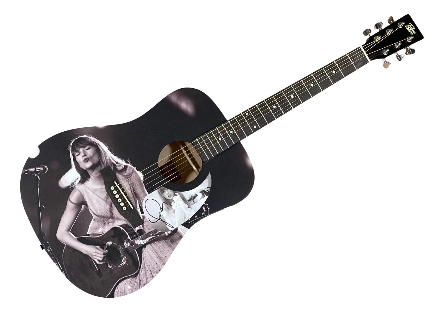 Taylor Swift — Taylor Swift Signed 41" Black & White Kiss Graphic Acoustic Guitar JSA