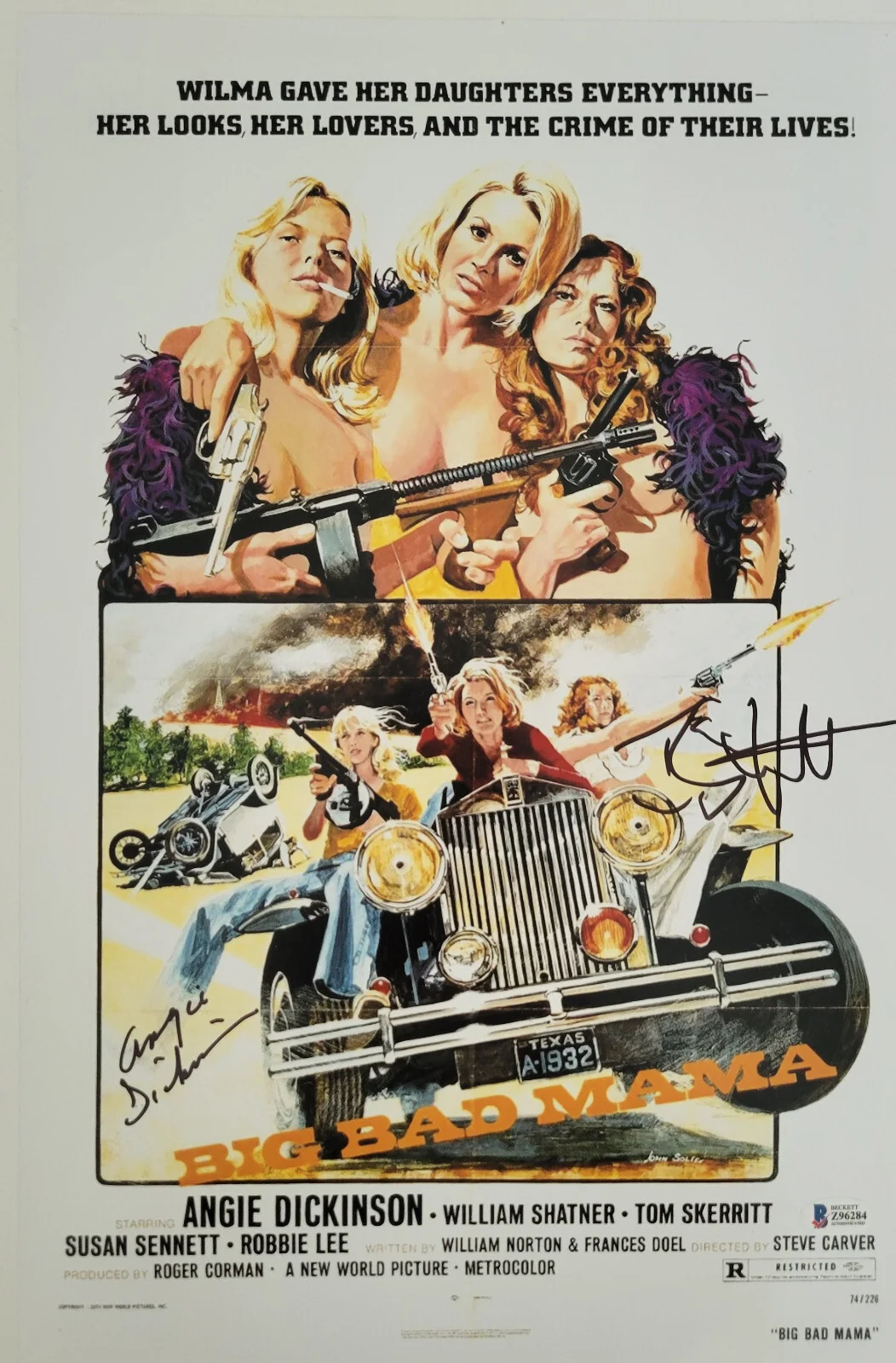 Angie Dickinson Tom Skerritt — Angie Dickinson Tom Skerritt signed 12x18 Big Bad Mama photo COA proof Beckett, изображение 2