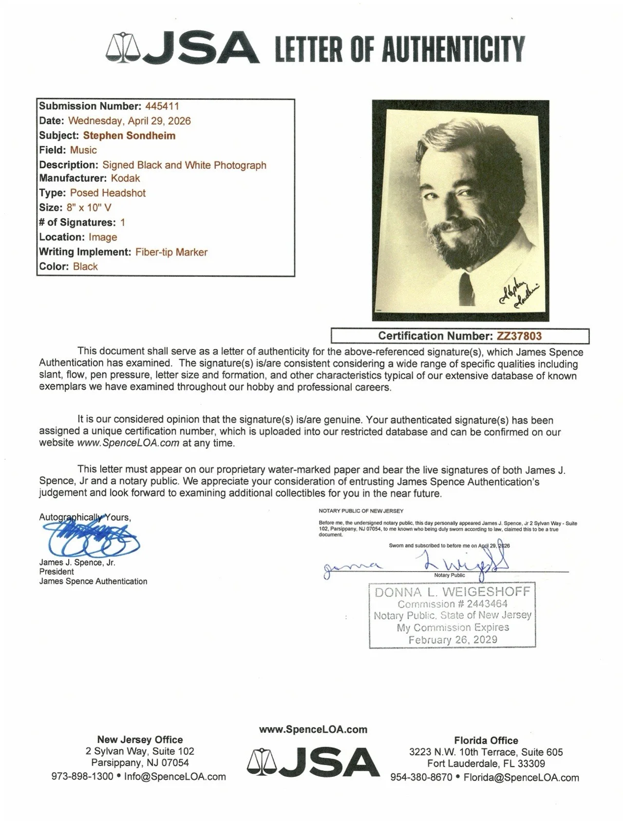 Stephen Sondheim Signed Autographed 8x10 Photo JSA Letter West Side Story, изображение 3