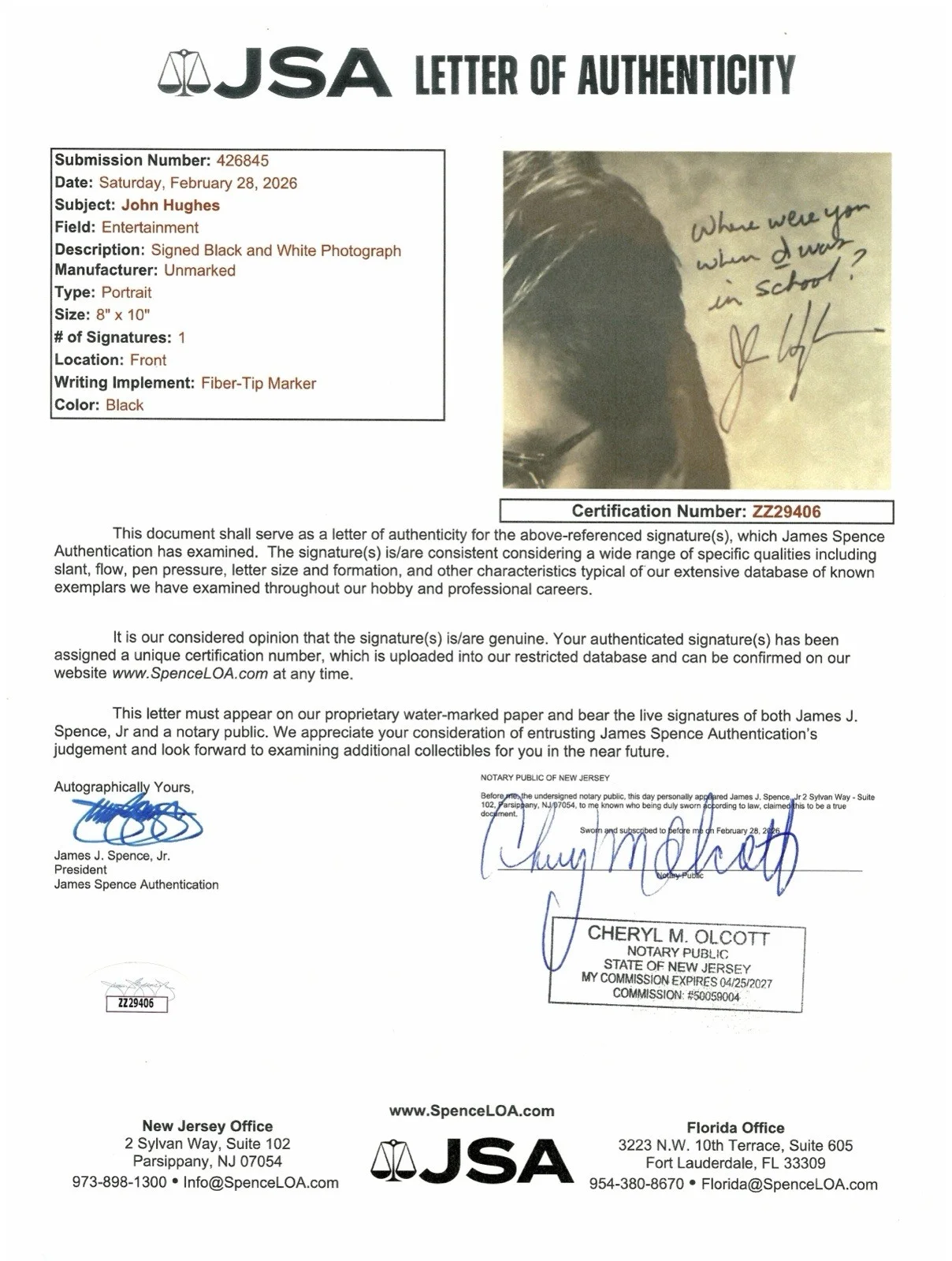 John Hughes Signed Autographed 8x10 Photo JSA Letter Director Breakfast Club, изображение 3