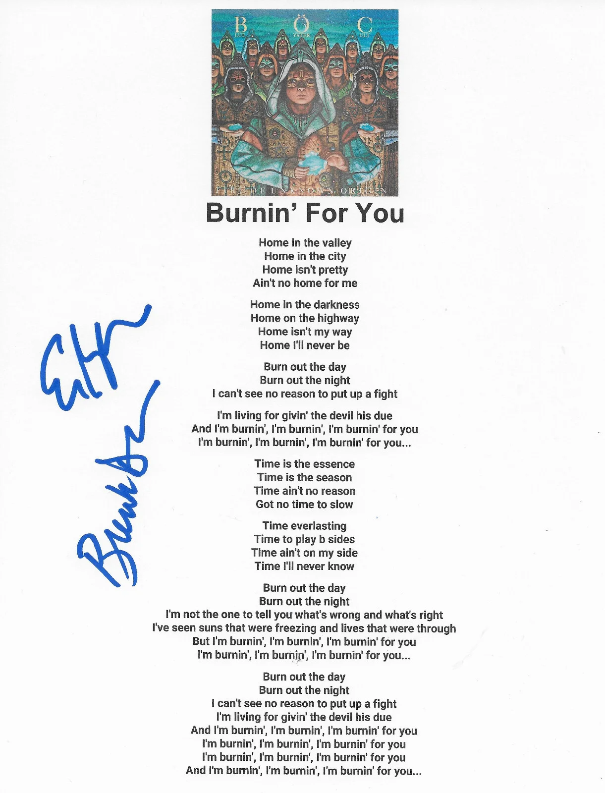 Bloom, Buck Dharma signed Blue Oyster Cult Burnin For You Lyrics sheet COA Proof, изображение 2