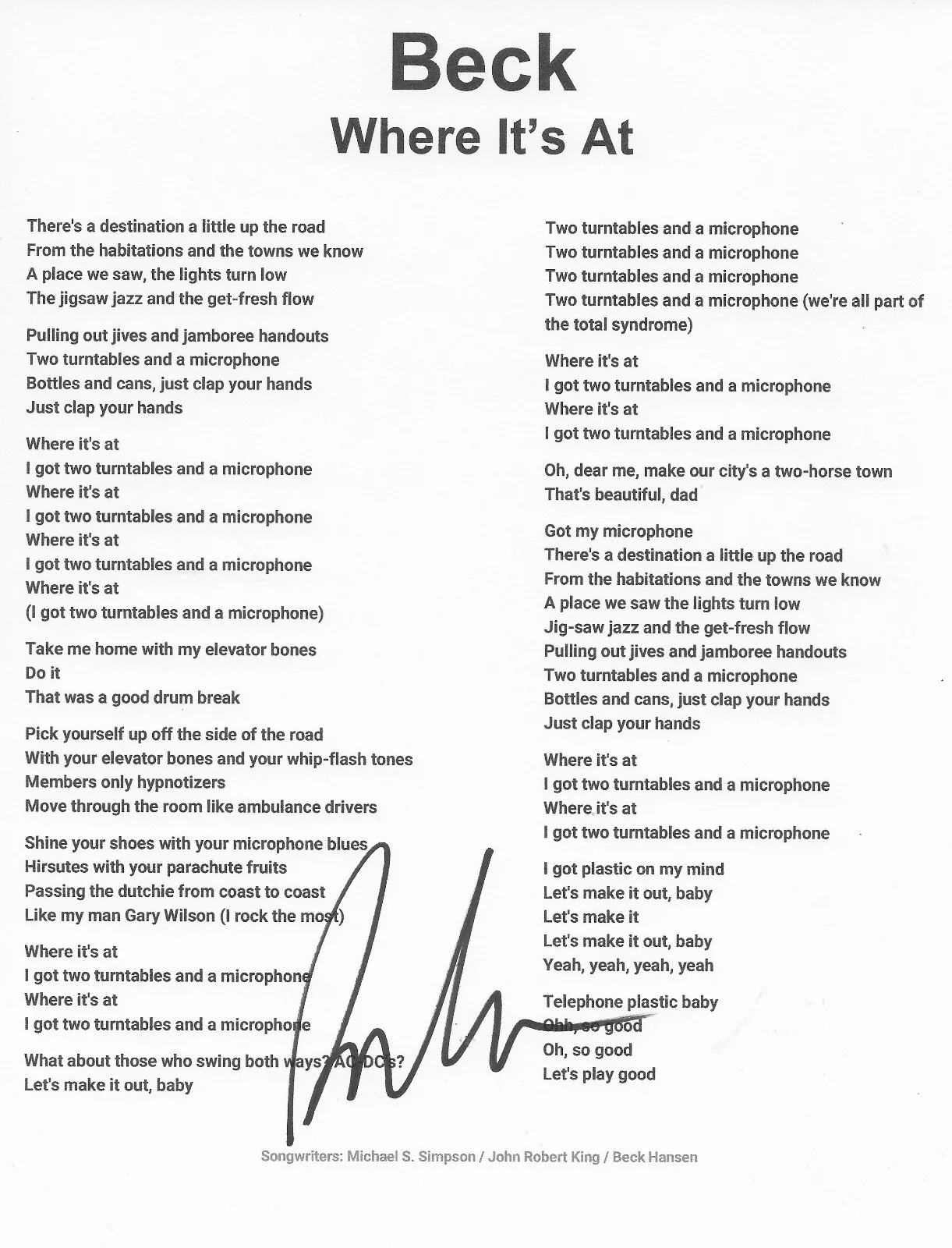 Beck Hansen signed Where it's At Lyrics sheet COA exact Proof autographed, image 2