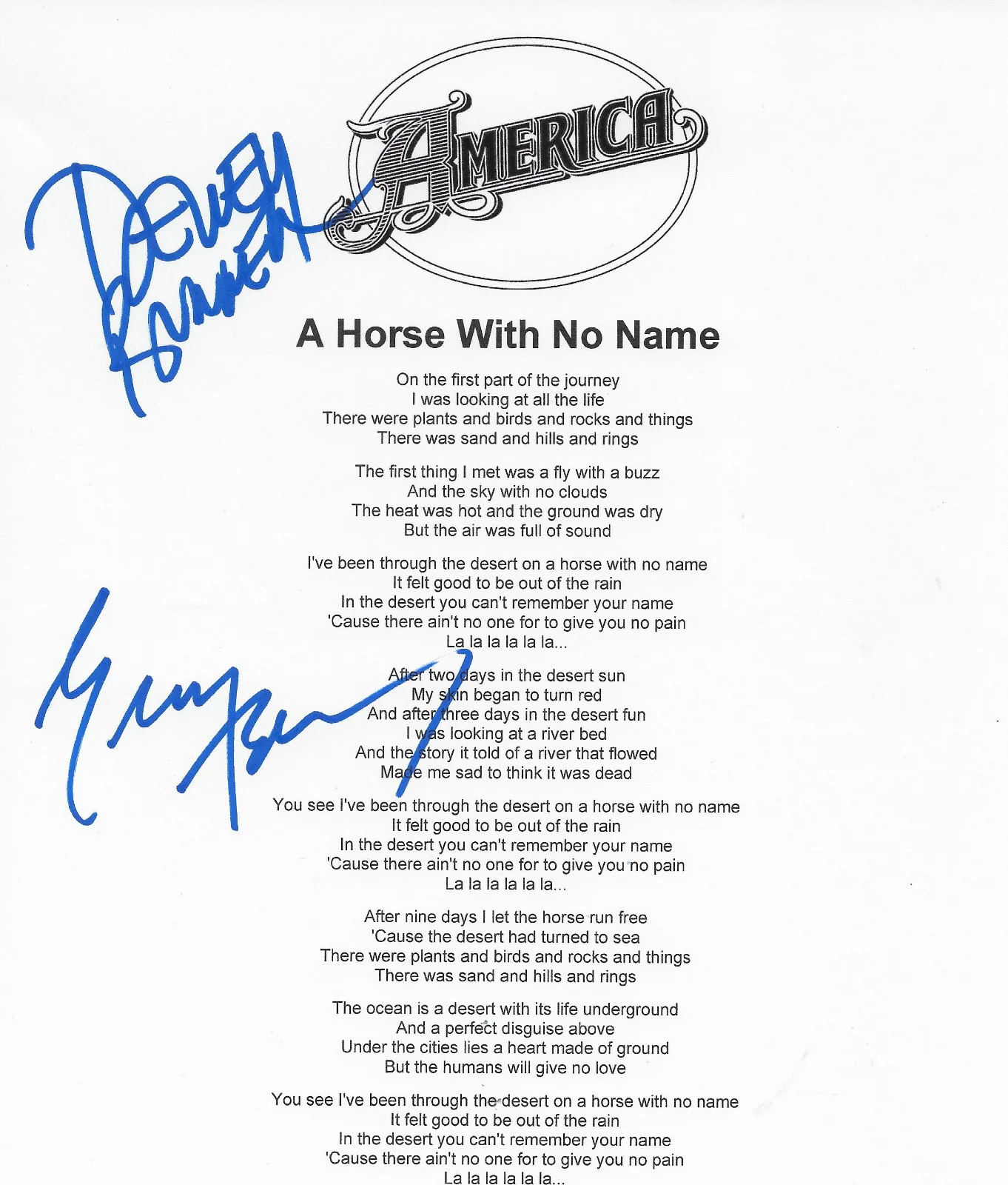 America Signed A Horse with No Name Lyrics Sheet COA Proof Bunnell Beckley, изображение 2