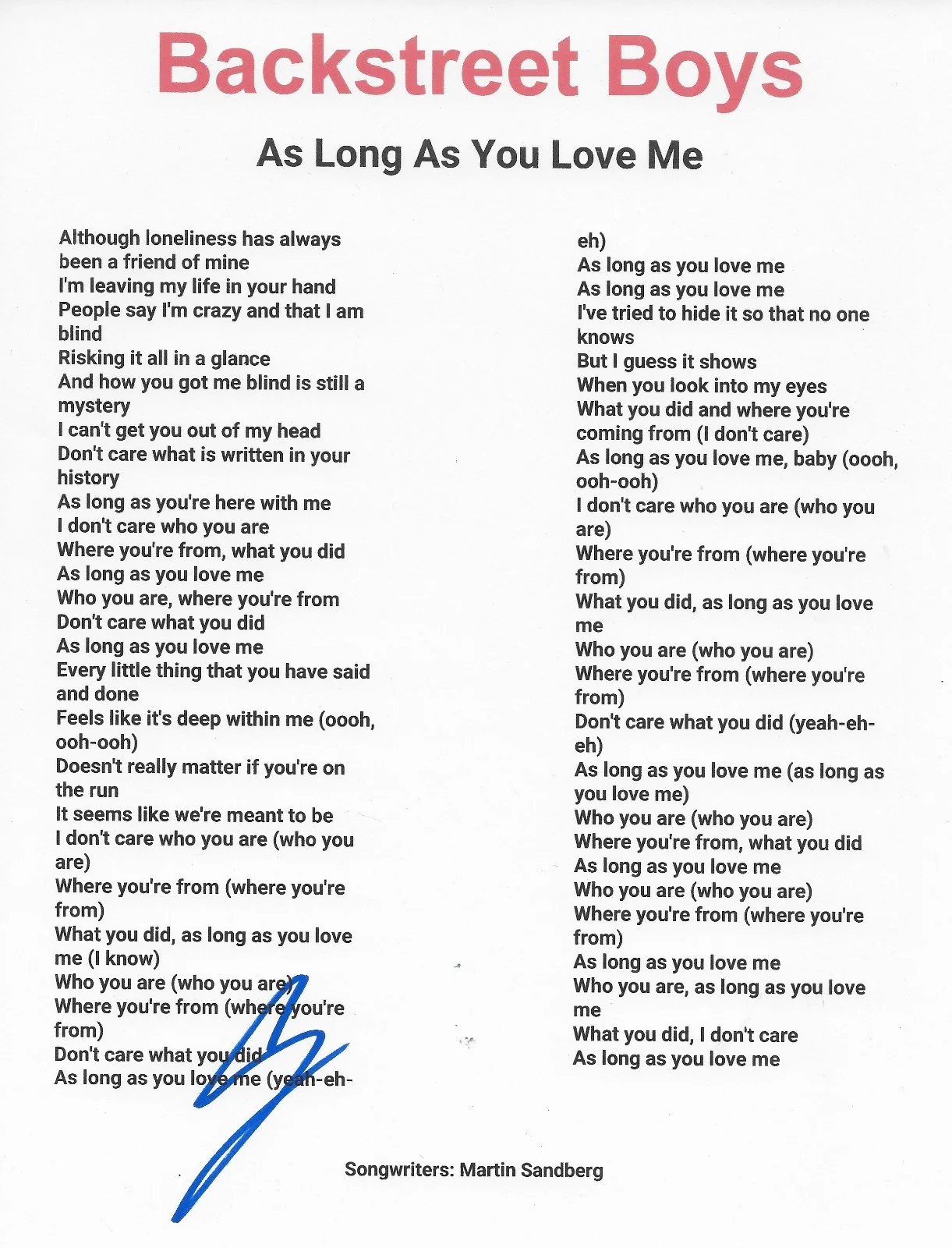 AJ McLean Signed Backstreet Boys Lyrics Sheet COA Exact Proof Autographed.., image 2