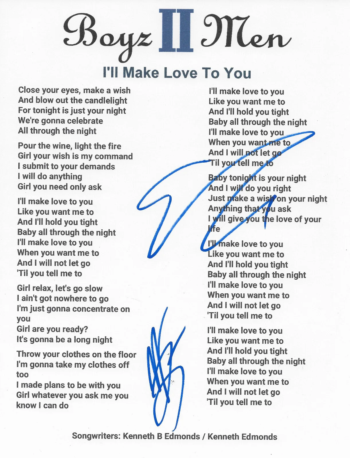 Boyz II Men Signed Ill Make Love To You Lyrics Sheet COA Exact Proof Autographed, image 2