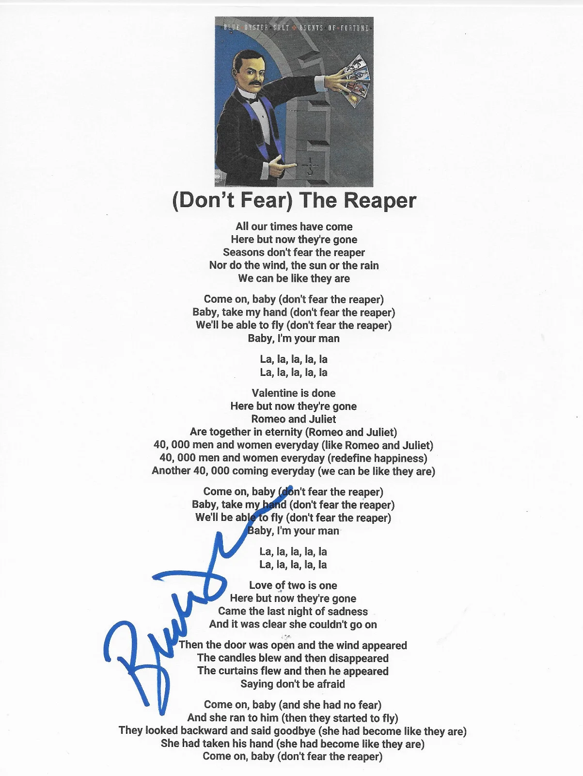 Buck Dharma signed Blue Oyster Cult Dont Fear The Reaper Lyrics sheet COA Proof, изображение 2