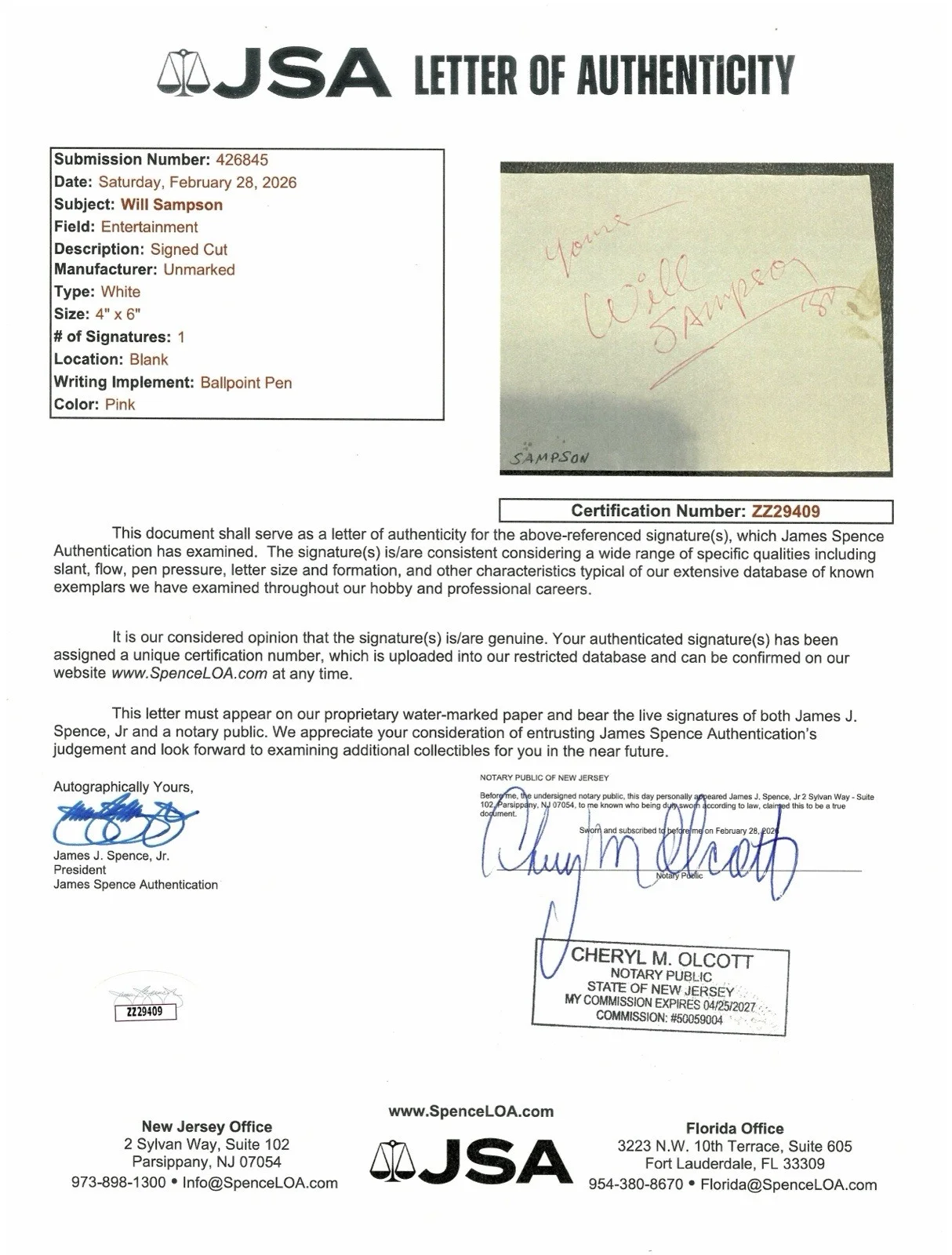 Will Sampson Signed Autographed 4x6 Page JSA Letter One Flew Over Cuckoo’s Nest, изображение 2