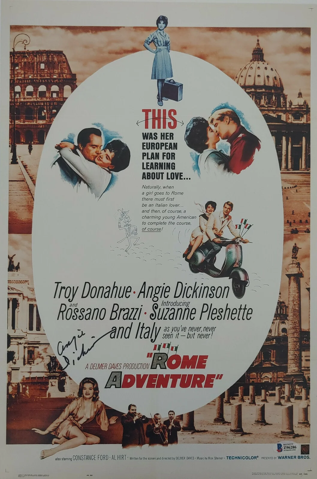 Angie Dickinson — Angie Dickinson signed 12x18 Rome Adventure movie photo poster COA proof Beckett, изображение 2