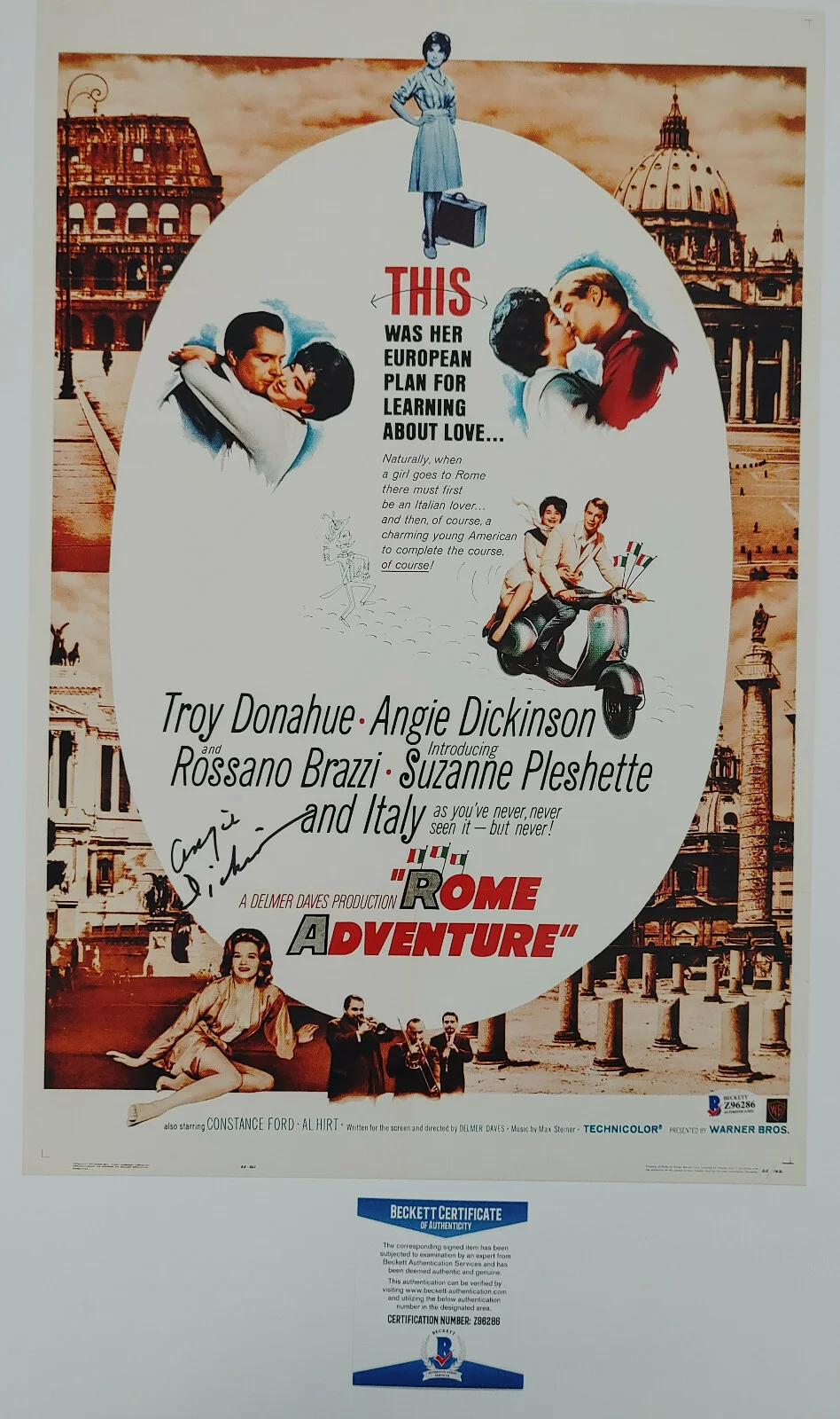 Angie Dickinson — Angie Dickinson signed 12x18 Rome Adventure movie photo poster COA proof Beckett, изображение 5