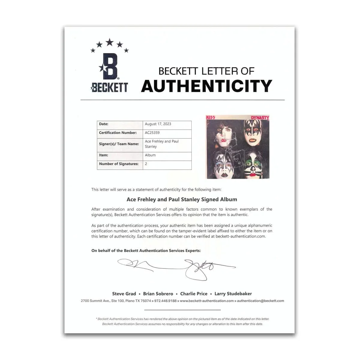 Paul Stanley Ace Frehley KISS Signed DYNASTY Autographed Vinyl Album LP BAS COA, изображение 3
