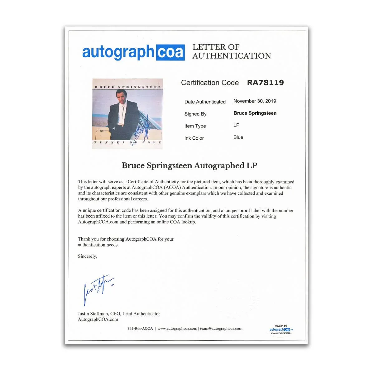 Bruce Springsteen Signed TUNNEL OF LOVE Autographed Vinyl Album LP ACOA COA, изображение 3