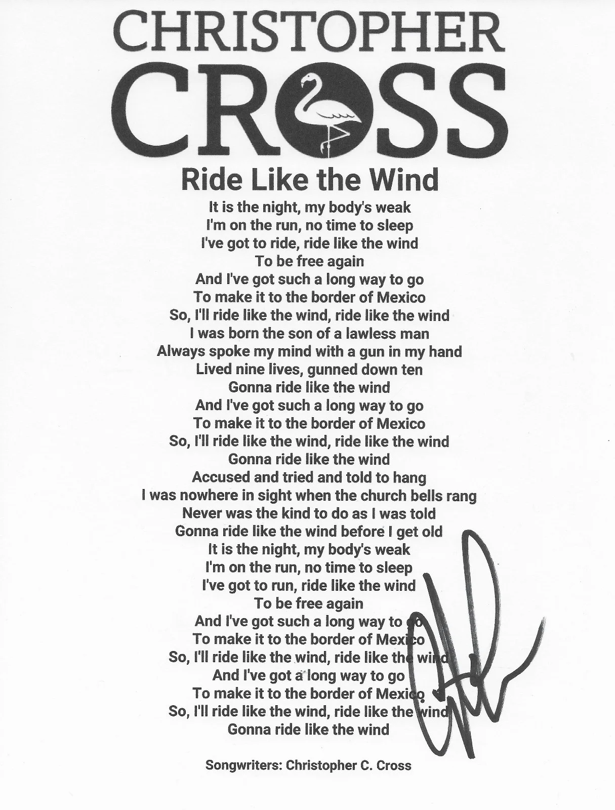 Christopher Cross Signed Ride Like The Wind Lyrics Sheet COA Proof Autographed, image 2