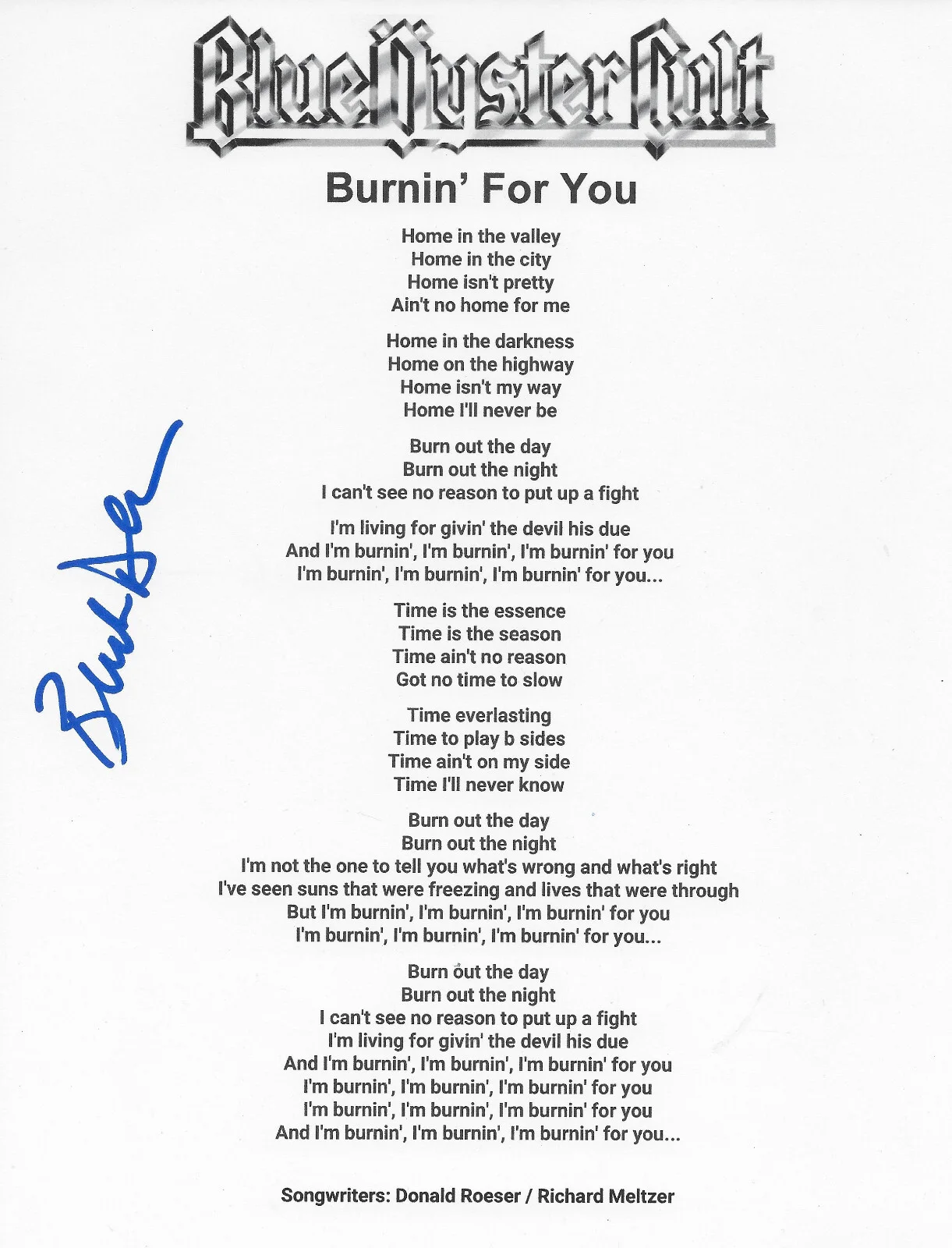 Buck Dharma Signed Blue Oyster Cult Burnin For You Lyrics sheet Proof autograph, image 2