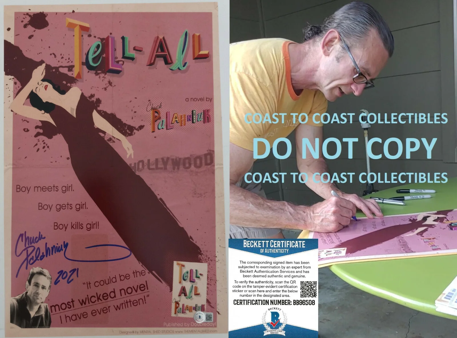 Chuck Palahniuk — Chuck Palahniuk signed 12x18 Tell All movie poster photo Beckett COA with proof