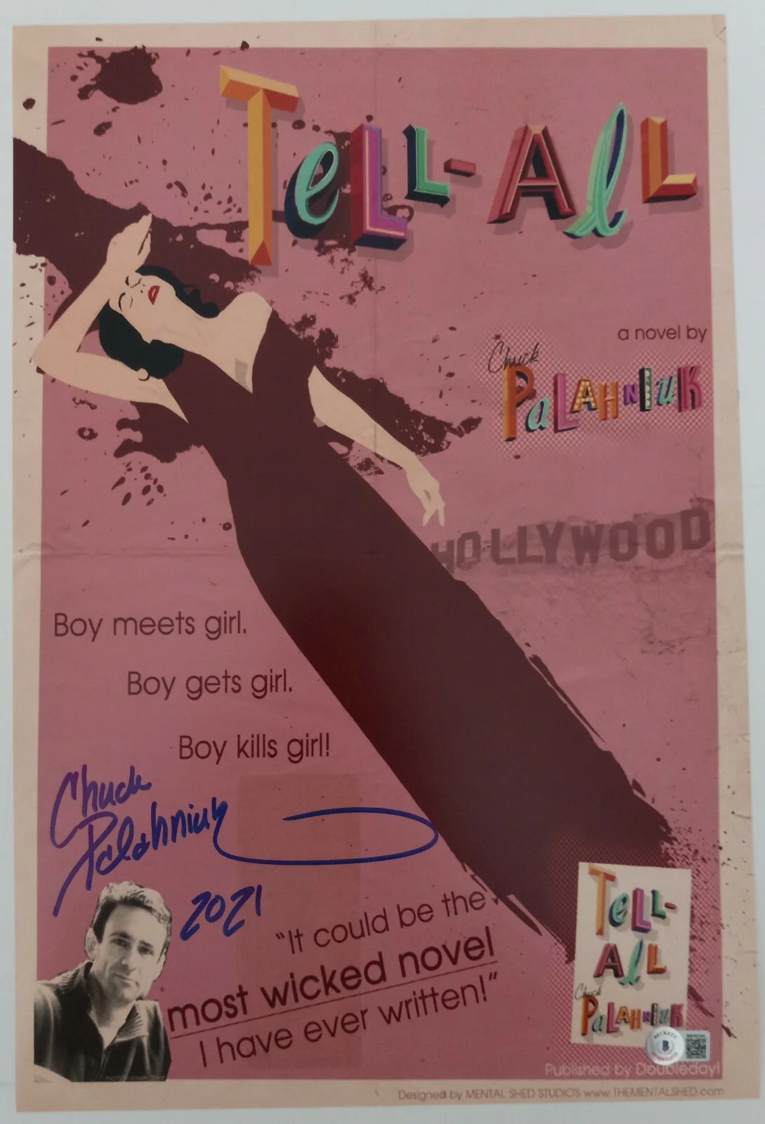 Chuck Palahniuk — Chuck Palahniuk signed 12x18 Tell All movie poster photo Beckett COA with proof, изображение 2