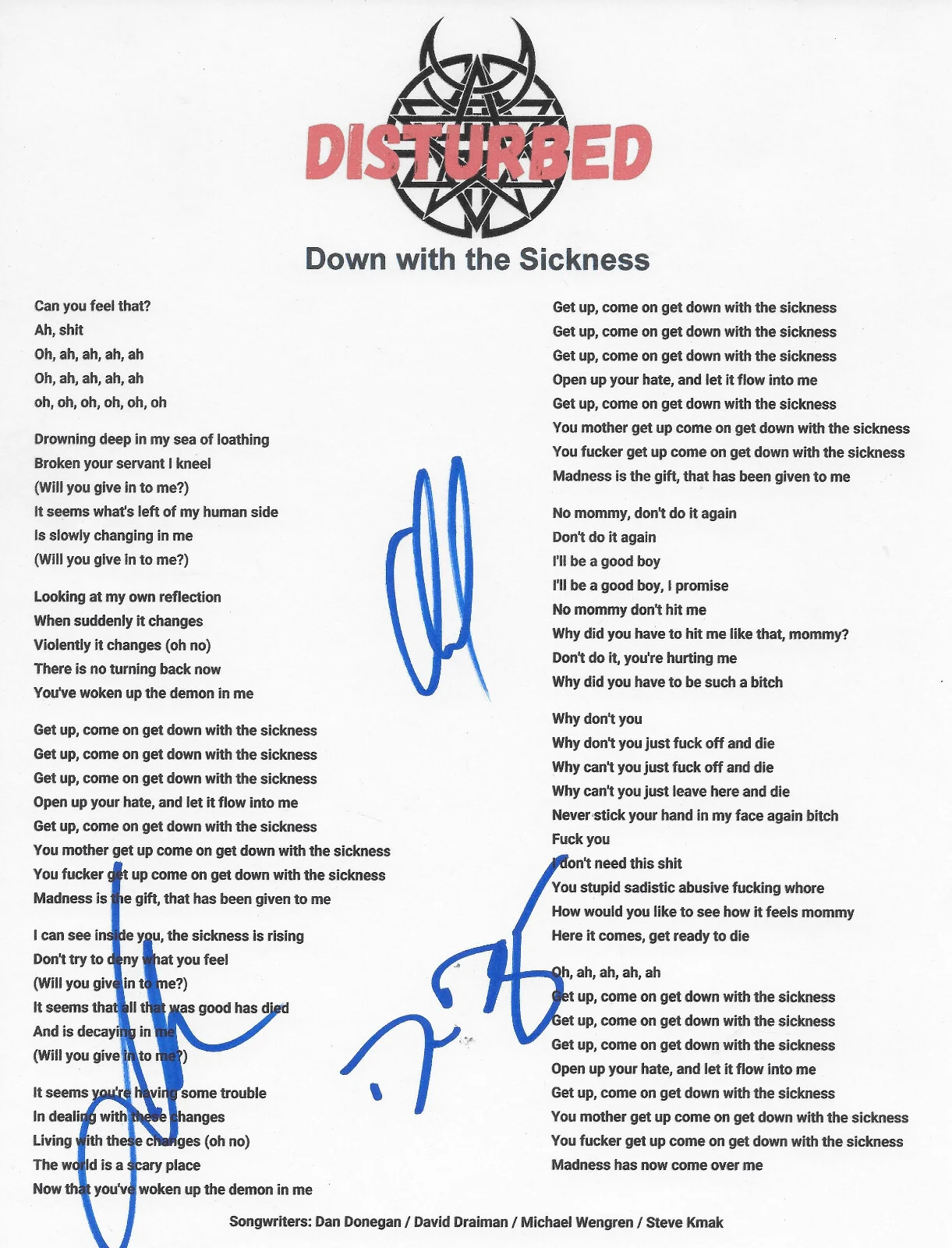 Disturbed Band Signed Down with the Sickness Lyrics Sheet COA Proof Autographed, image 2