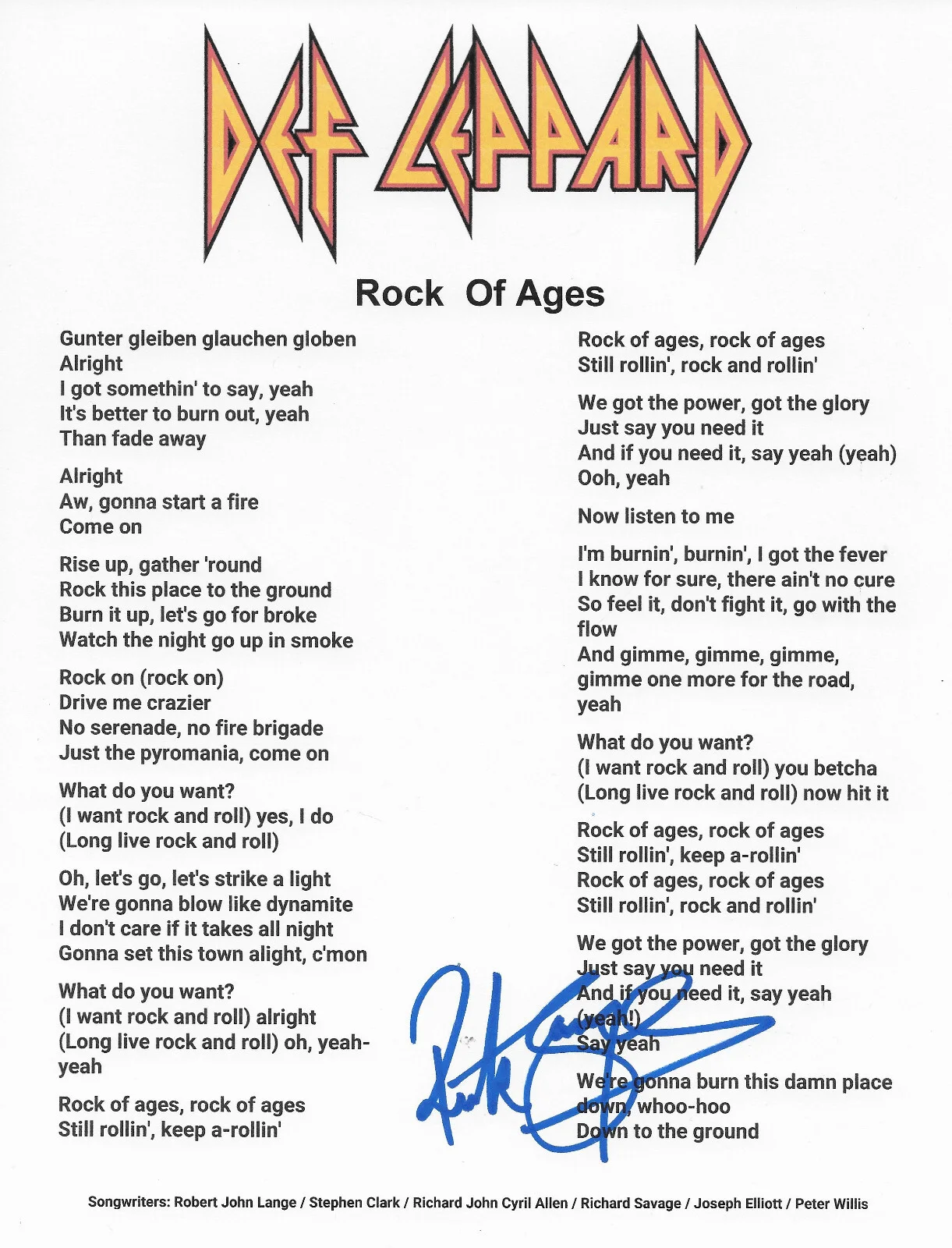 Def Leppard Signed Rock of Ages Lyrics Sheet COA Proof Autographed Rick Savage, image 2